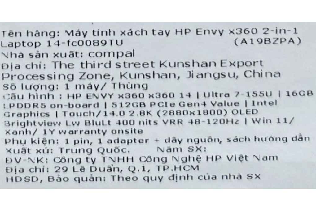 Laptop HP Envy x360 14 fc0089TU - A19BZPA (Ultra 7 155U, 16GB, 512GB, 2.8K OLED, Cảm ứng, Win11) Màu Xanh