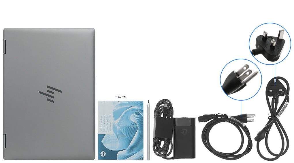 Bộ sản phẩm gồm: Bút cảm ứng, Sách hướng dẫn, Sạc Laptop HP ( 65W ), Thùng máy