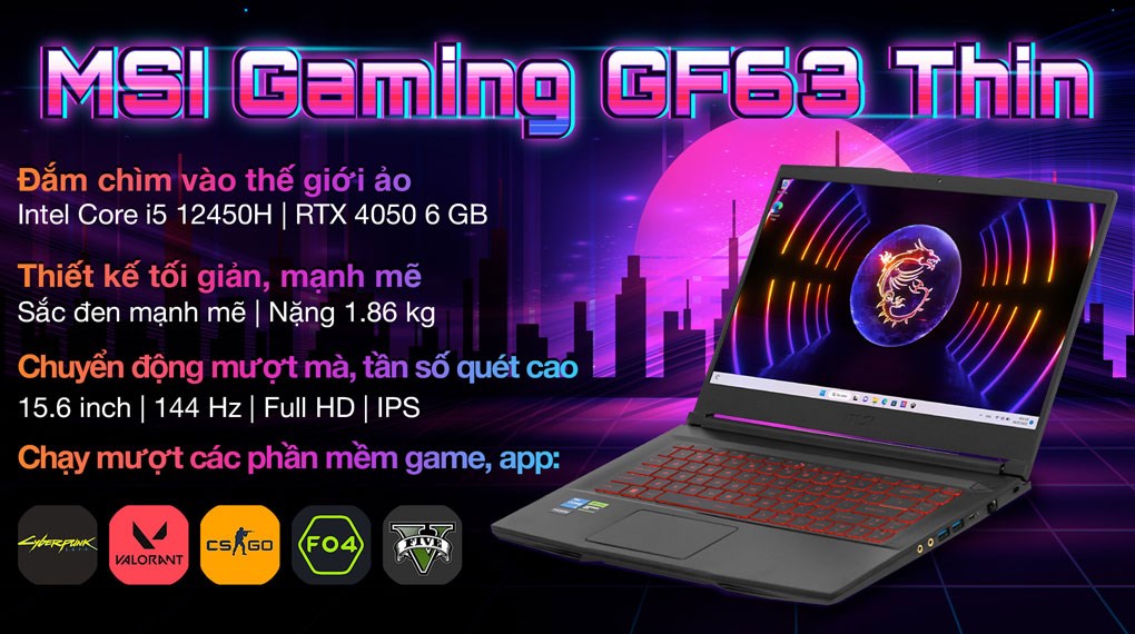 Laptop MSI Gaming GF63 Thin 12VE i5 12450H/16GB/512GB/6GB RTX4050/144Hz/Win11 (460VN)