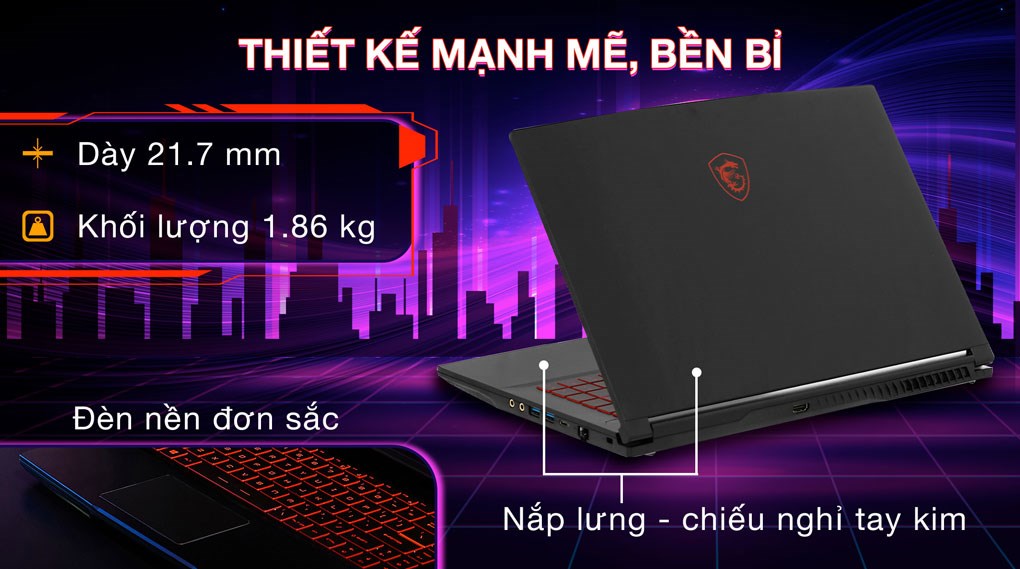 Laptop MSI Gaming GF63 Thin 12VE - 460VN (i5 12450H, 16GB, 512GB, RTX 4050 6GB, Full HD 144Hz, Win11)