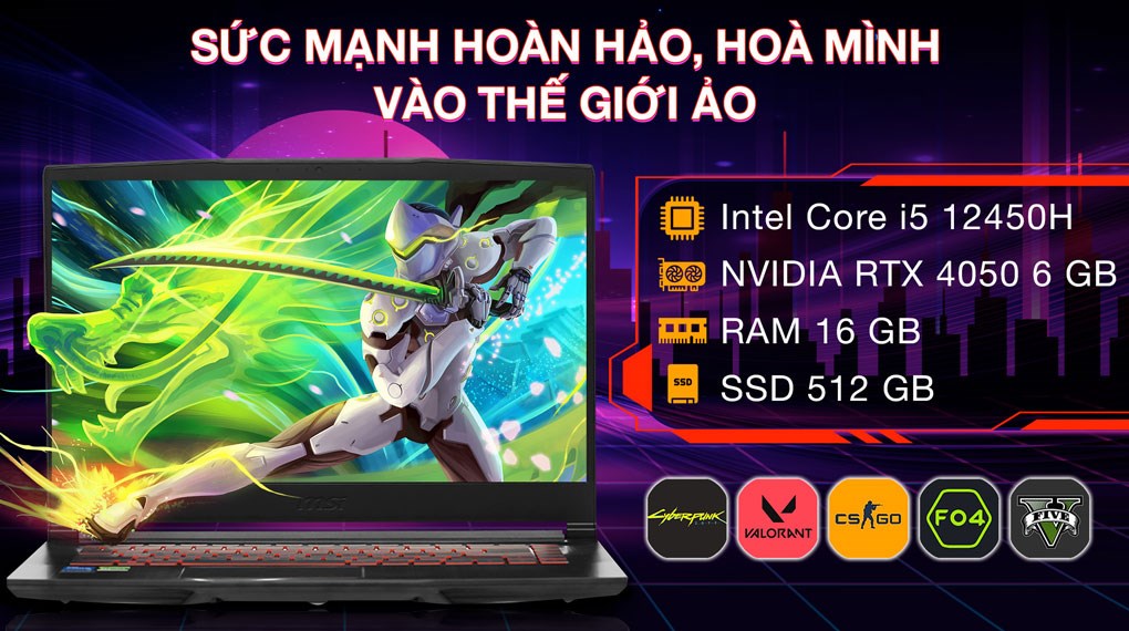 Laptop MSI Gaming GF63 Thin 12VE - 460VN (i5 12450H, 16GB, 512GB, RTX 4050 6GB, Full HD 144Hz, Win11)