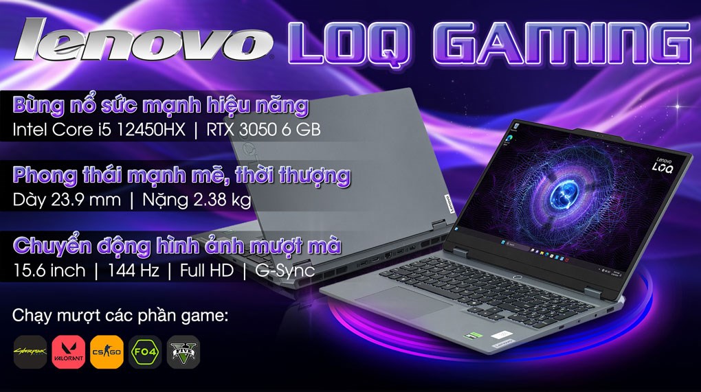 Laptop Lenovo Gaming LOQ 15IAX9 i5 12450HX/24GB/512GB/6GB RTX3050/144Hz/Win11 (83GS00D9VN)