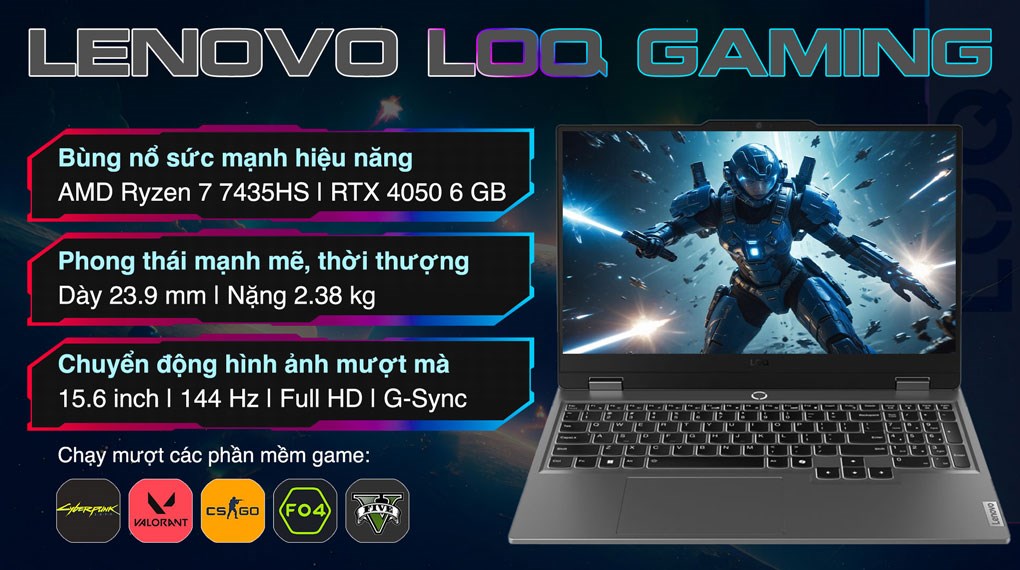 Laptop Lenovo Gaming LOQ 15ARP9 R7 7435HS/24GB/512GB/6GB RTX4050/144Hz/Win11 (83JC0040VN)