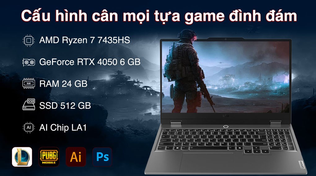 Laptop Lenovo Gaming LOQ 15ARP9 - 83JC0040VN (R7 7435HS, 24GB, 512GB, RTX 4050 6GB, Full HD 144Hz, Win11)