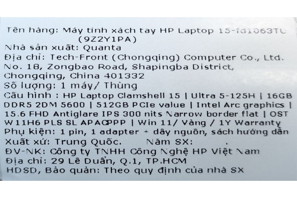 Laptop HP 15 fd1063TU - 9Z2Y1PA (Ultra 5 125H, 16GB, 512GB, Full HD, Win11) Màu Vàng