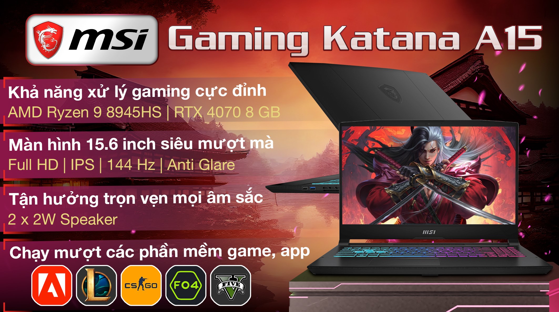 Laptop MSI Gaming Katana A15 AI B8VG R9 8945HS/16GB/1TB/8GB RTX4070/144Hz/Balo/Lót chuột/Chuột/Win11 (466VN)