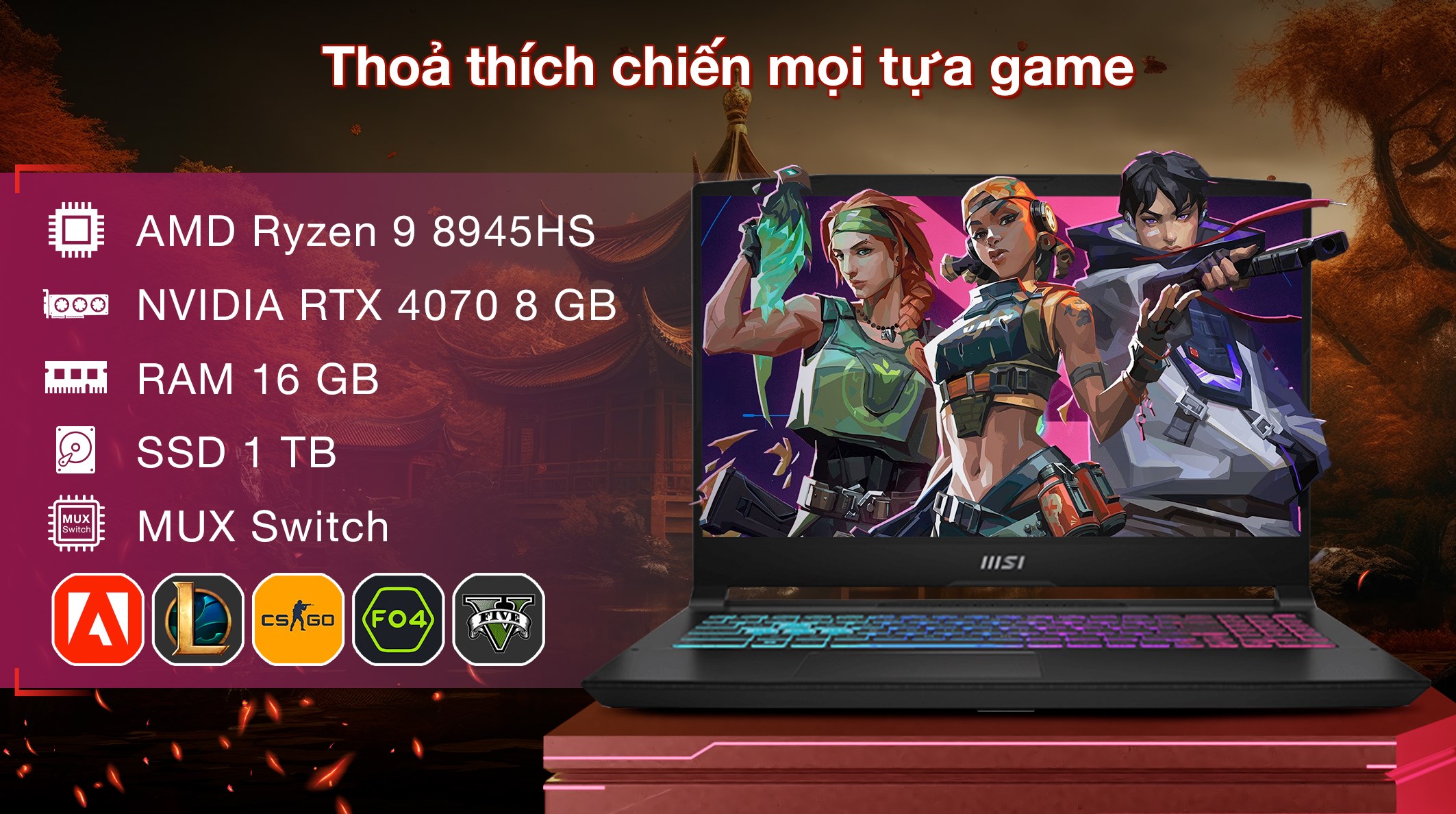 Laptop MSI Gaming Katana A15 AI B8VG R9 8945HS/16GB/1TB/8GB RTX4070/144Hz/Balo/Lót chuột/Chuột/Win11 (466VN)