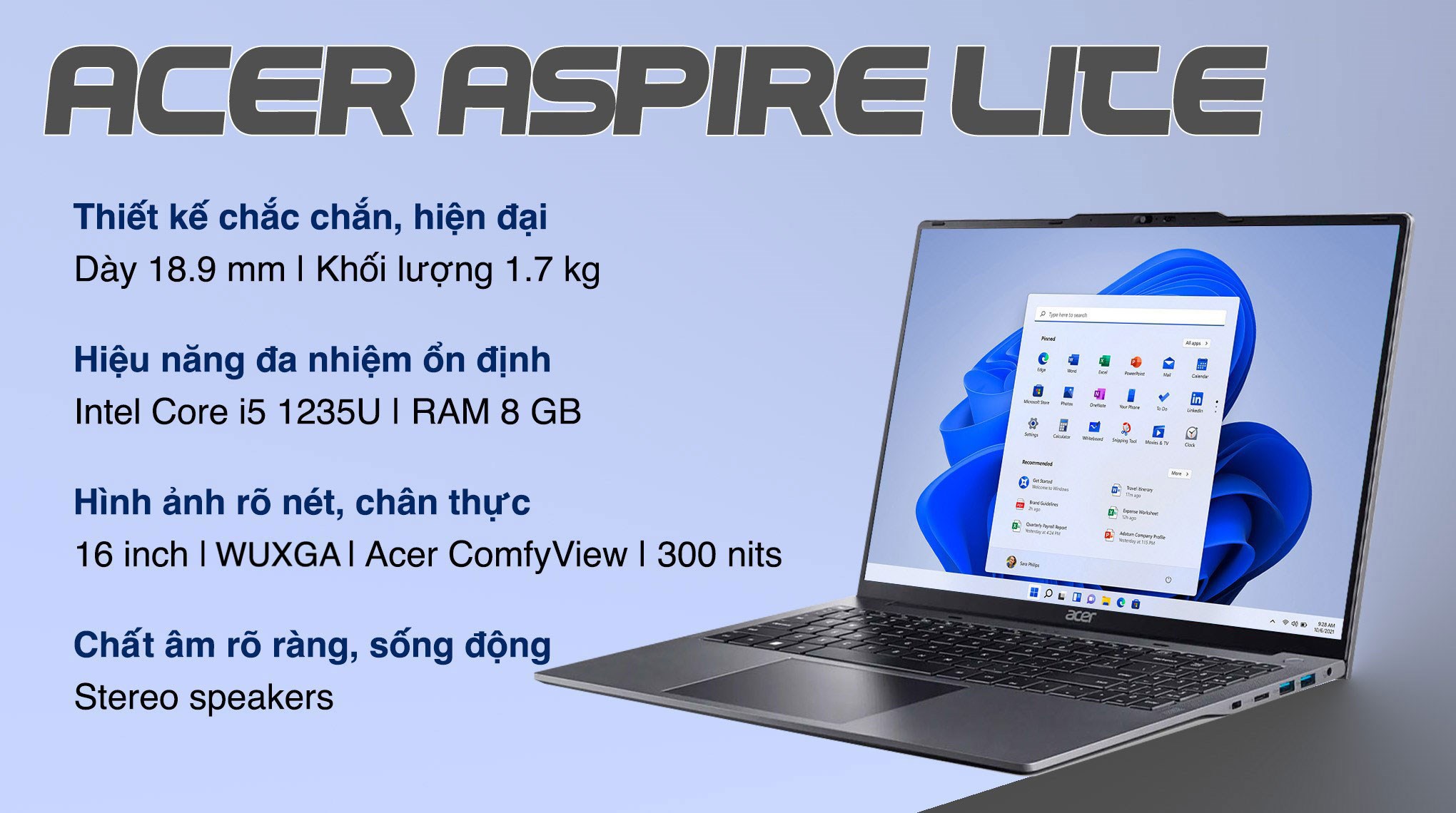 Laptop Acer Aspire Lite AL16 51P 596H - NX.KWZSV.002 (i5 1235U, 8GB, 512GB, WUXGA, Win11)