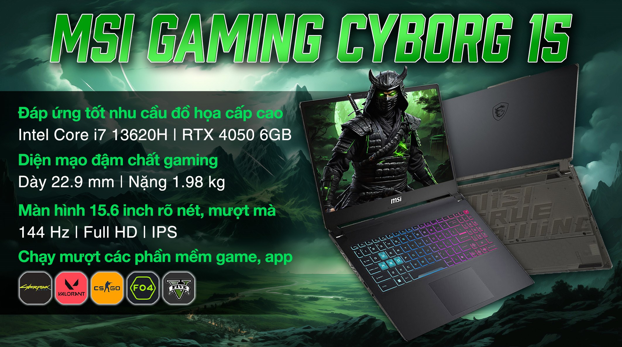Laptop MSI Gaming Cyborg 15 A13VEK - 1423VN (i7 13620H, 16GB, 512GB, RTX 4050 6GB, Full HD 144Hz, Win11)