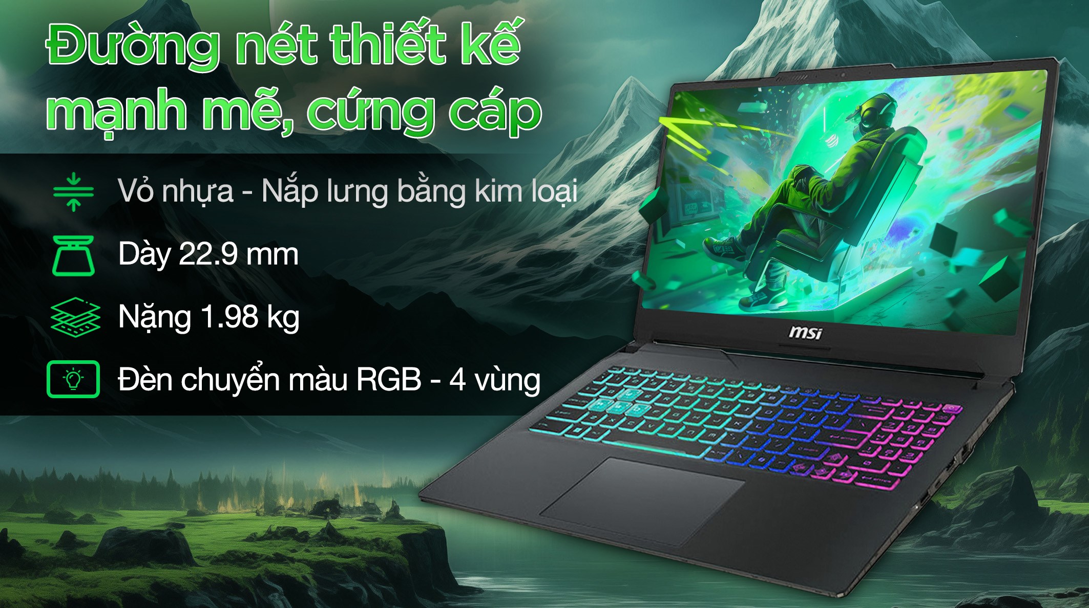 Laptop MSI Gaming Cyborg 15 A13VEK - 1423VN (i7 13620H, 16GB, 512GB, RTX 4050 6GB, Full HD 144Hz, Win11)