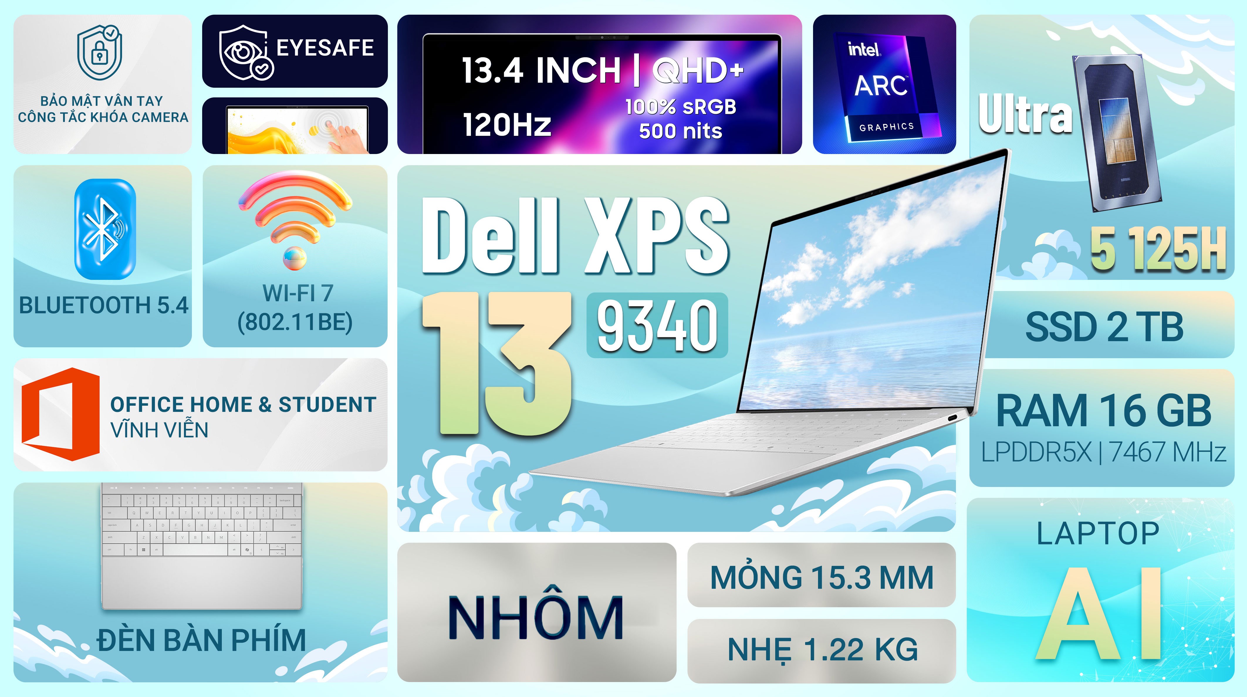 Laptop Dell XPS 13 9340 Ultra 5 125H/16GB/2TB/Touch/OfficeHS/Win11 (XPSU5934W1)