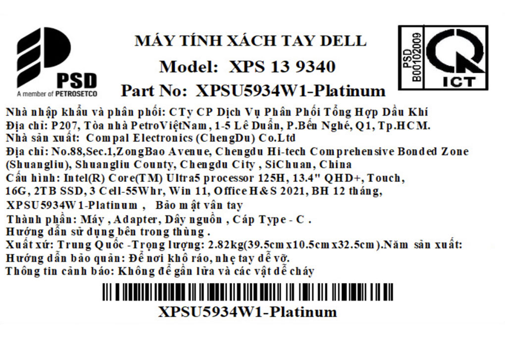Laptop Dell XPS 13 9340 Ultra 5 125H/16GB/2TB/Touch/OfficeHS/Win11 (XPSU5934W1) - 9