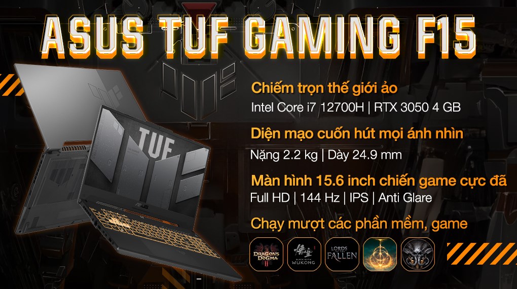 Laptop Asus TUF Gaming F15 FX507ZC4 - HN181W (i7 12700H, 16GB, 512GB, RTX 3050 4GB, Full HD 144Hz, Win11)