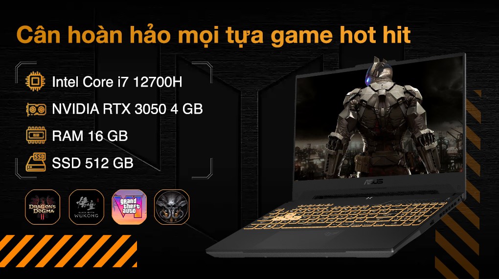 Laptop Asus TUF Gaming F15 FX507ZC4 - HN181W (i7 12700H, 16GB, 512GB, RTX 3050 4GB, Full HD 144Hz, Win11)
