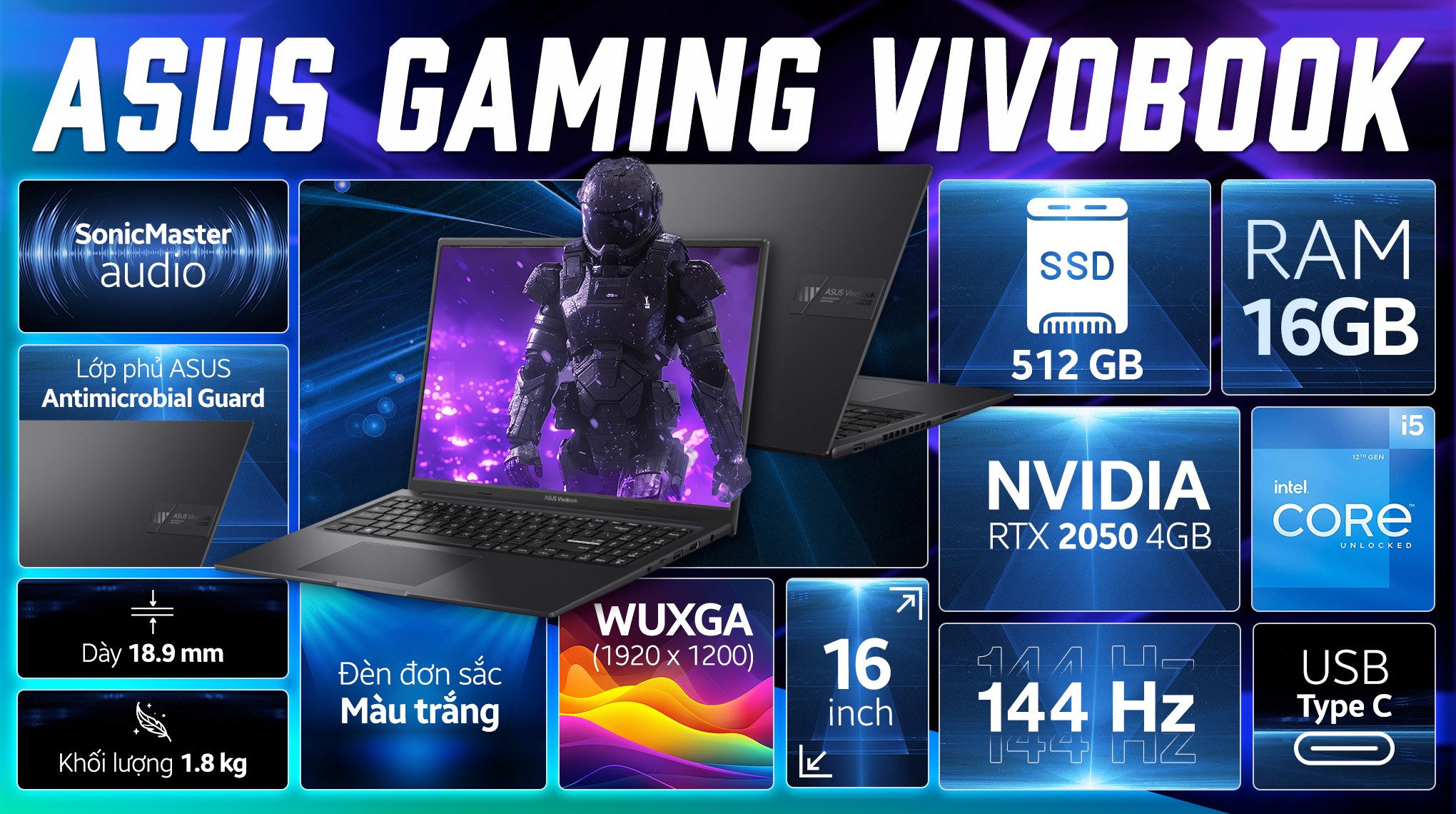 Laptop Asus Gaming Vivobook K3605ZF - RP745W (i5 12500H, 16GB, 512GB, RTX 2050 4GB, WUXGA 144Hz, Win11)