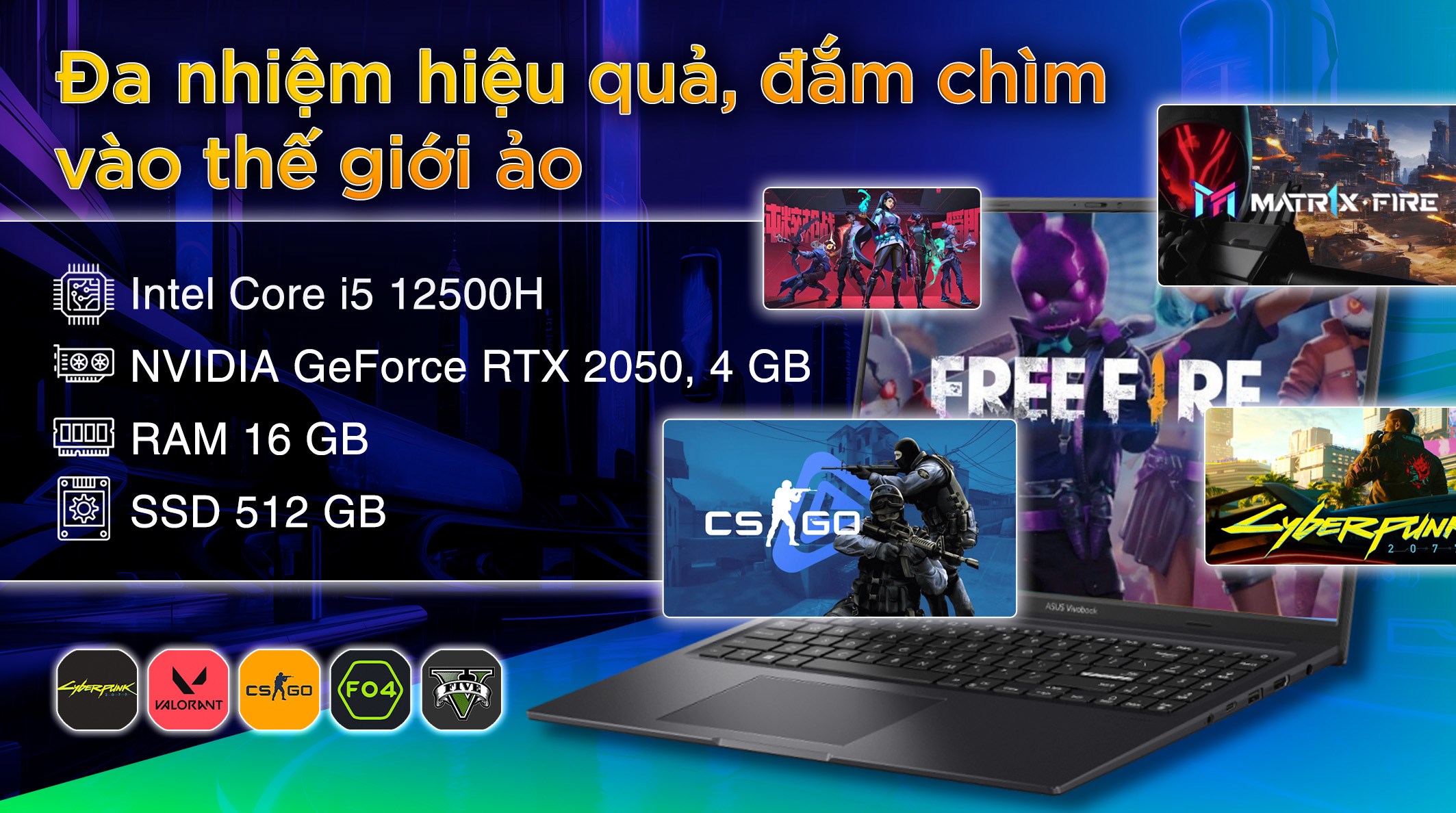 Laptop Asus Gaming Vivobook K3605ZF - RP745W (i5 12500H, 16GB, 512GB, RTX 2050 4GB, WUXGA 144Hz, Win11)