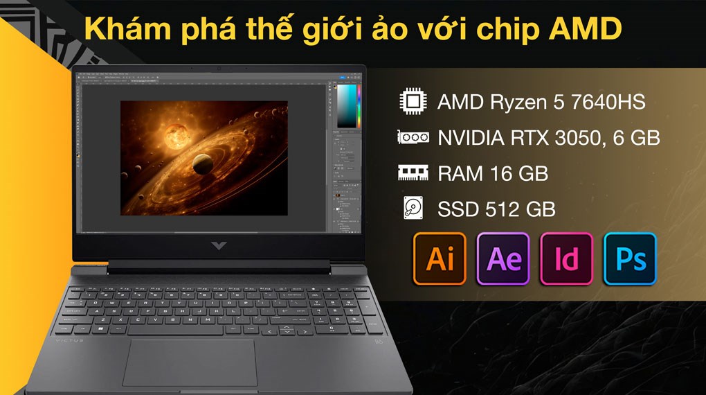 Laptop HP Gaming VICTUS 16 s0173AX - A9LG9PA (R5 7640HS, 16GB, 512GB, RTX 3050 6GB, Full HD 144Hz, Win11)