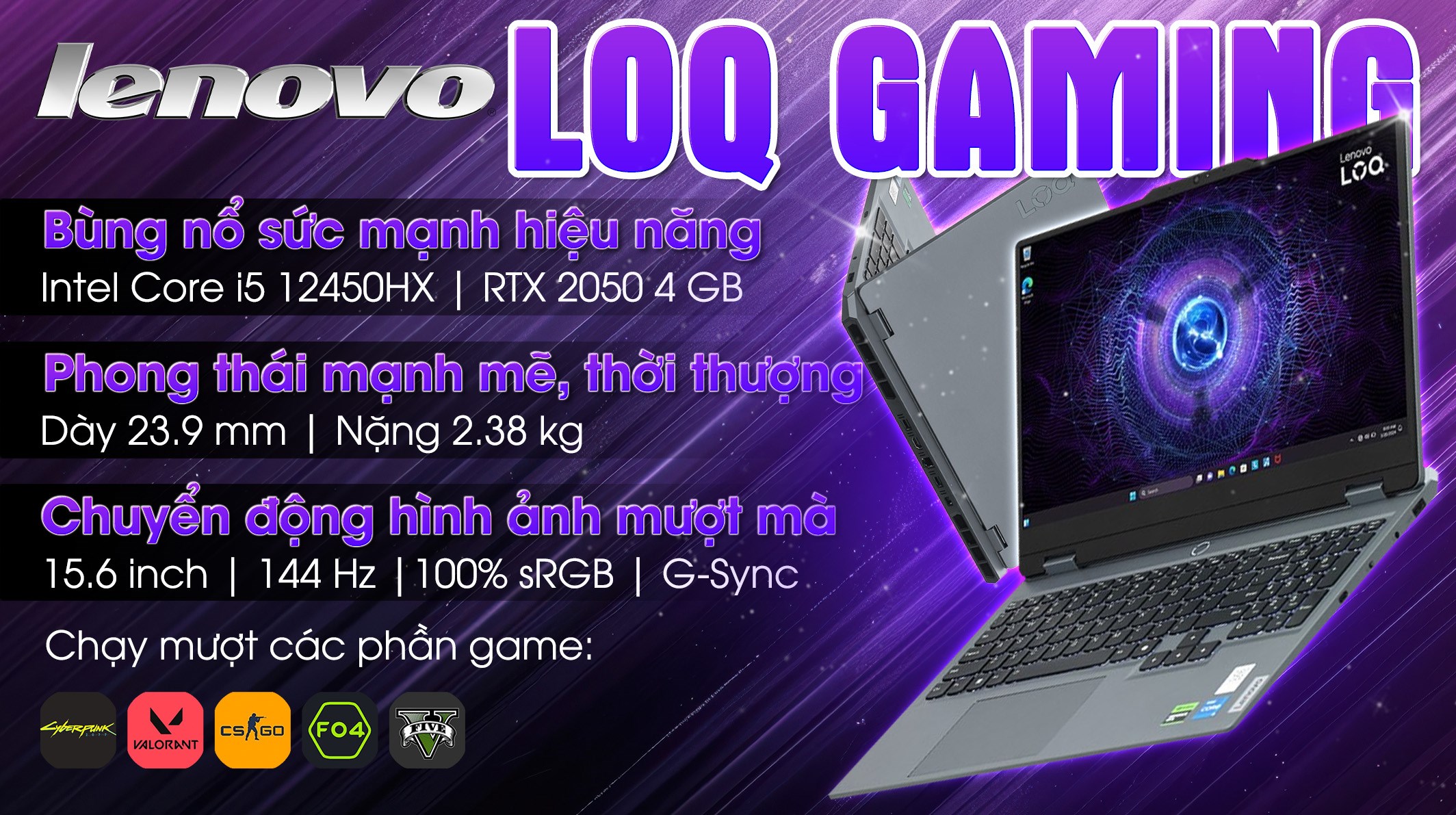 Laptop Lenovo Gaming LOQ 15IAX9 i5 12450HX/24GB/512GB/4GB RTX2050/144Hz/Win11 (83GS00DBVN)