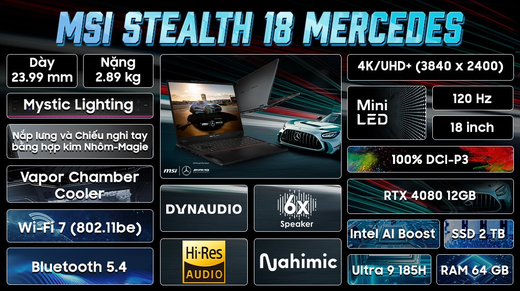 Laptop MSI Gaming Stealth 18 Mercedes AMG A1VHG Ultra 9 185H/64GB/2TB/12GB RTX4080/Win11 (080VN)