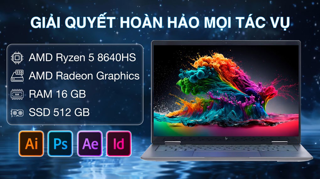 Laptop HP Envy X360 14 fa0050AU R5 8640HS được trang bị CPU và GPU hàng đầu, cho phép xử lý các tác vụ nặng một cách mượt mà