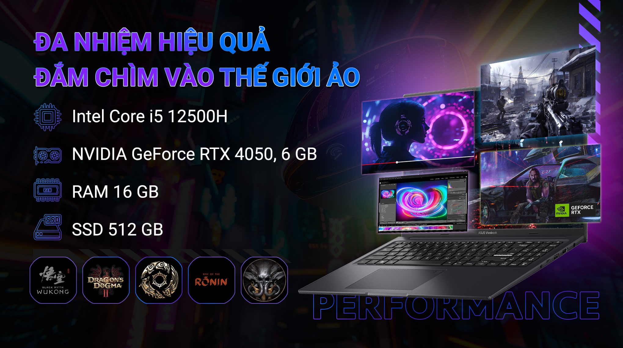 Laptop Asus Gaming Vivobook K3605ZU - RP296W (i5 12500H, 16GB, 512GB, RTX 4050 6GB, WUXGA 144Hz, Win11)