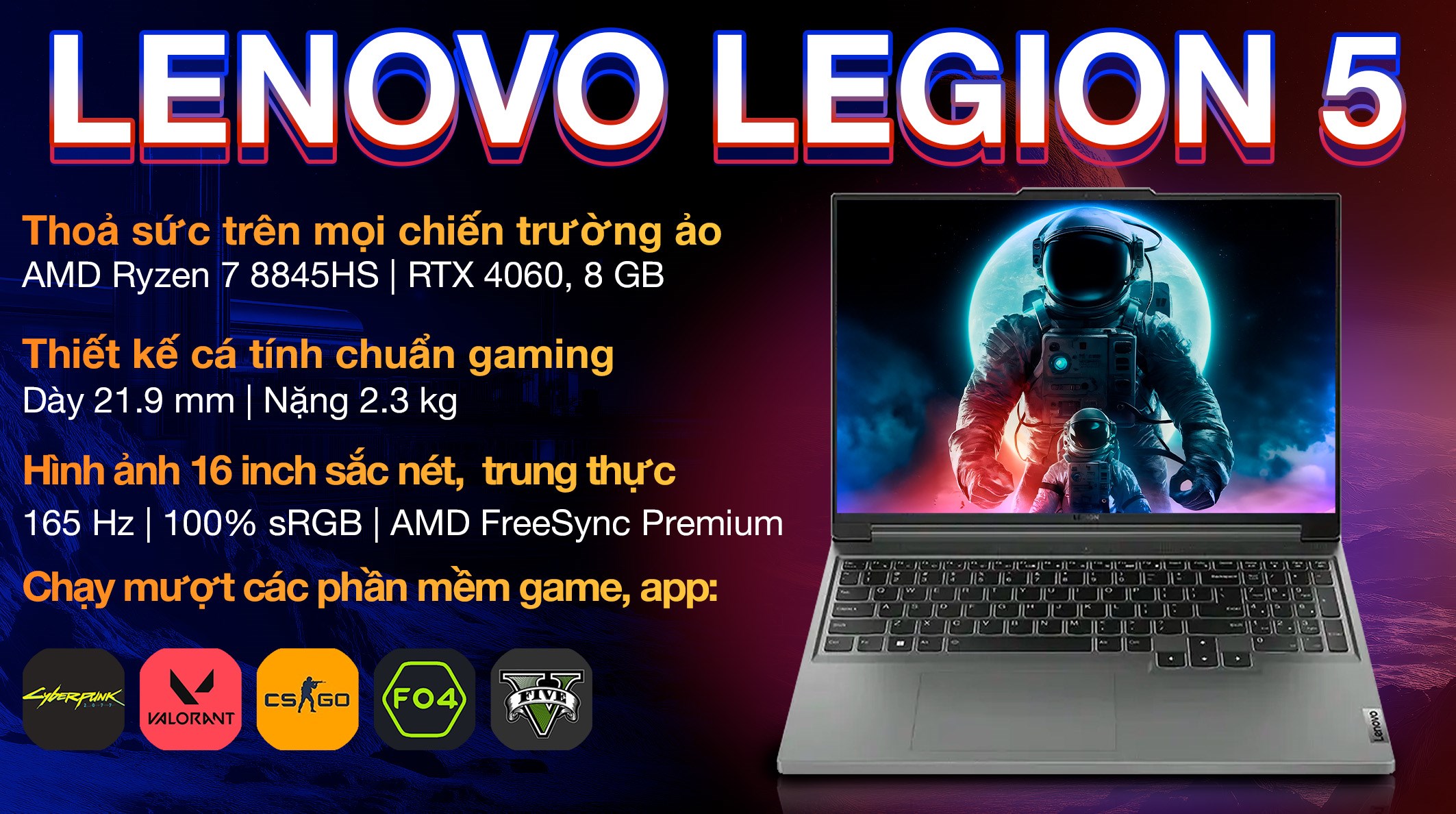 Laptop Lenovo Gaming Legion Slim 5 16AHP9 R7 8845HS/32GB/1TB/8GB RTX4060/165Hz/Win11 (83DH003BVN)