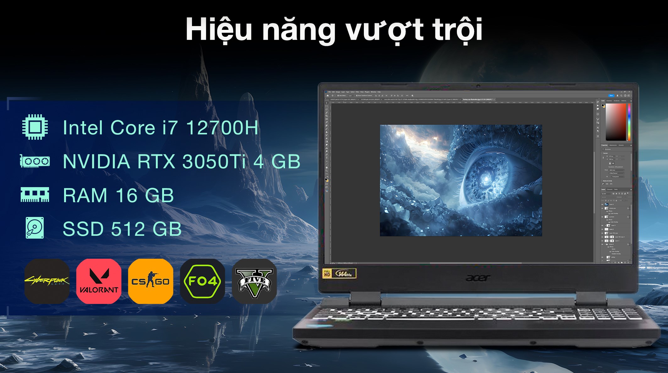Laptop Acer Gaming Nitro AN515 58 773Y i7 12700H/16GB/512GB/4GB RTX3050Ti/144Hz/Win11 (NH.QFKSV.001.16G)