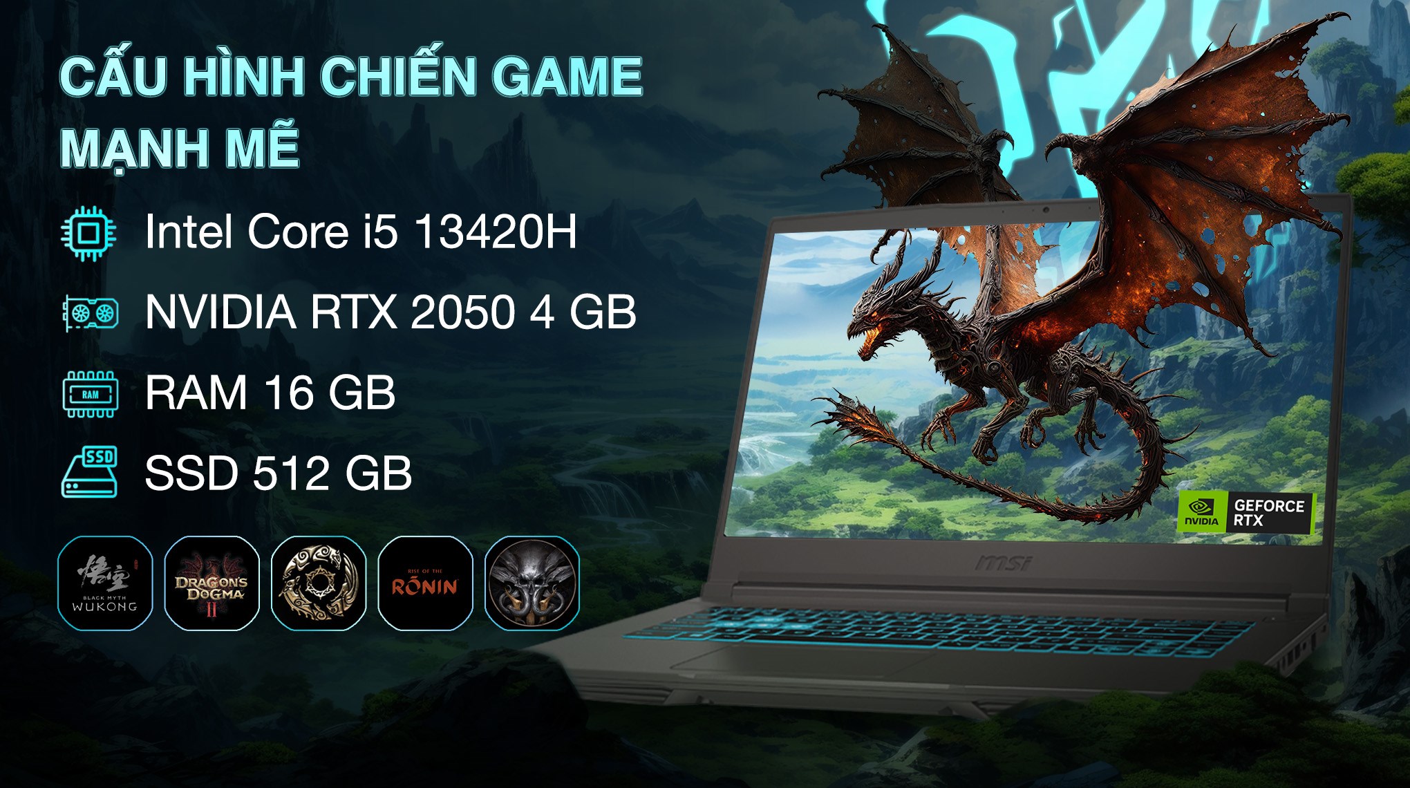 Laptop MSI Gaming Thin 15 B13UCX - 2080VN (i5 13420H, 16GB, 512GB, RTX 2050 4GB, Full HD 144Hz, Win11)