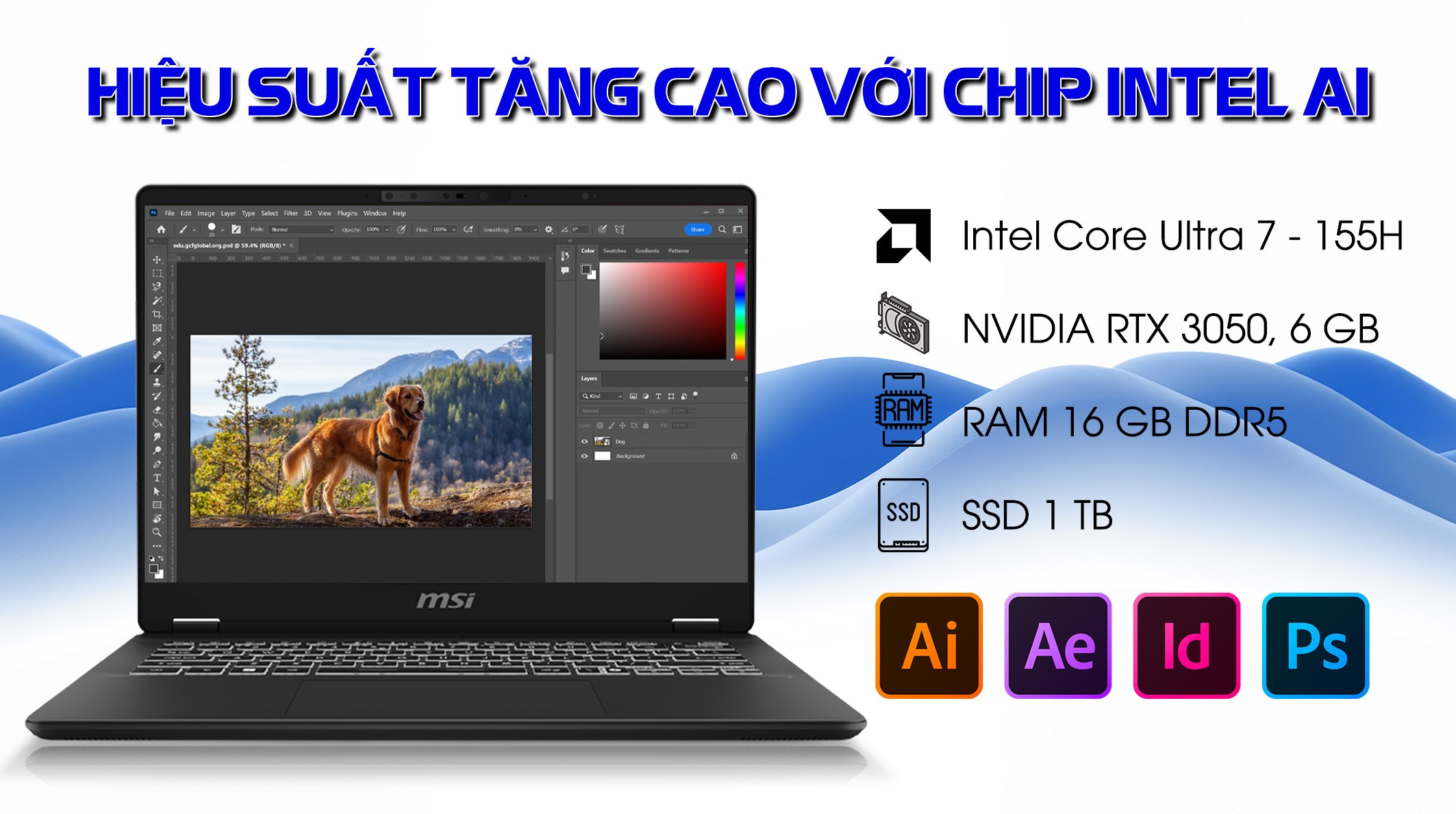 Laptop MSI Prestige 14 AI Studio C1UDXG - 058VN (Ultra 7 155H, 16GB, 1TB, RTX 3050 6GB, Full HD+ 144Hz, Win11)