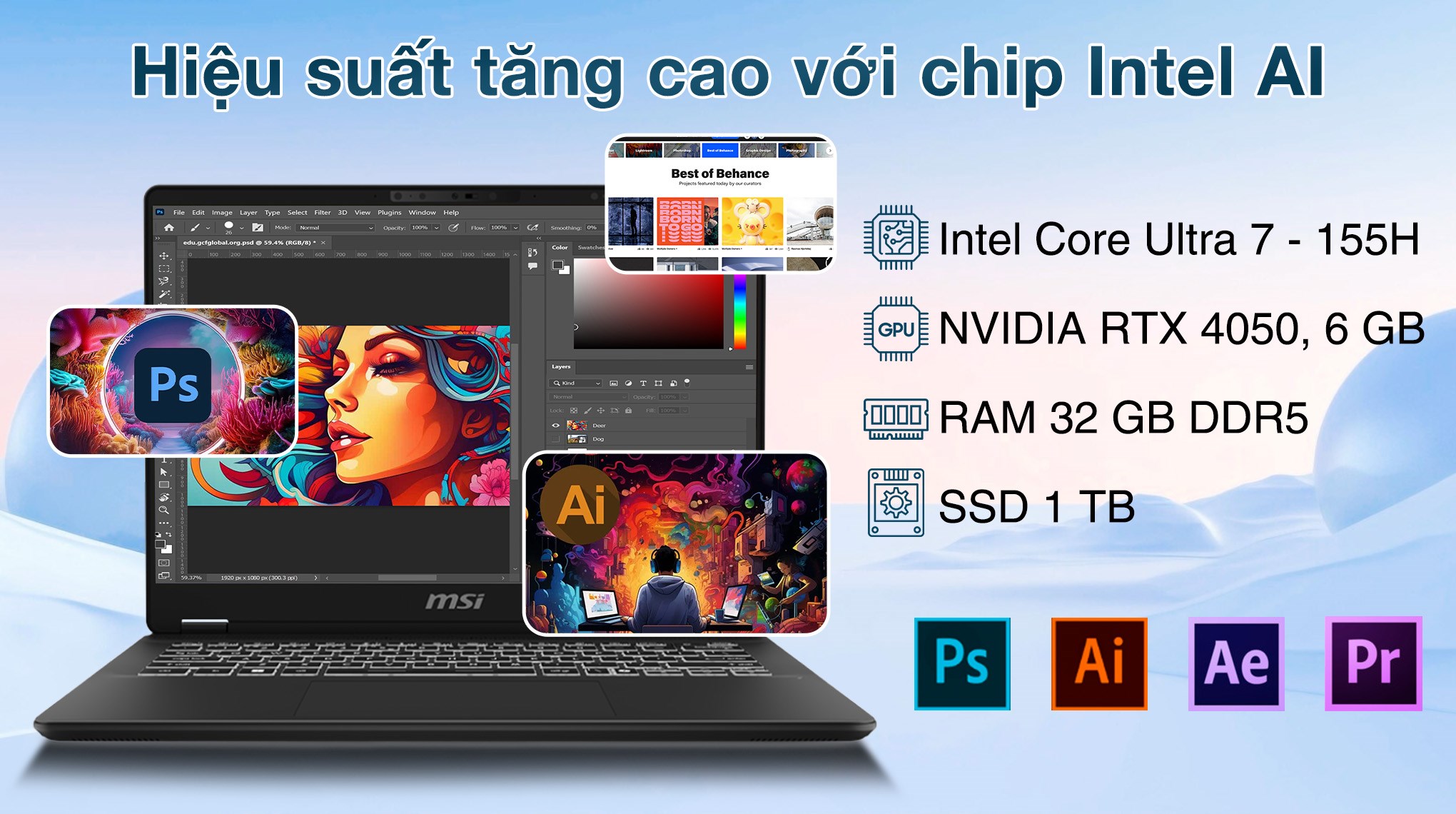 Laptop MSI Prestige 14 AI Studio C1VEG - 056VN (Ultra 7 155H, 32GB, 1TB, RTX 4050 6GB, 2.8K, Win11)