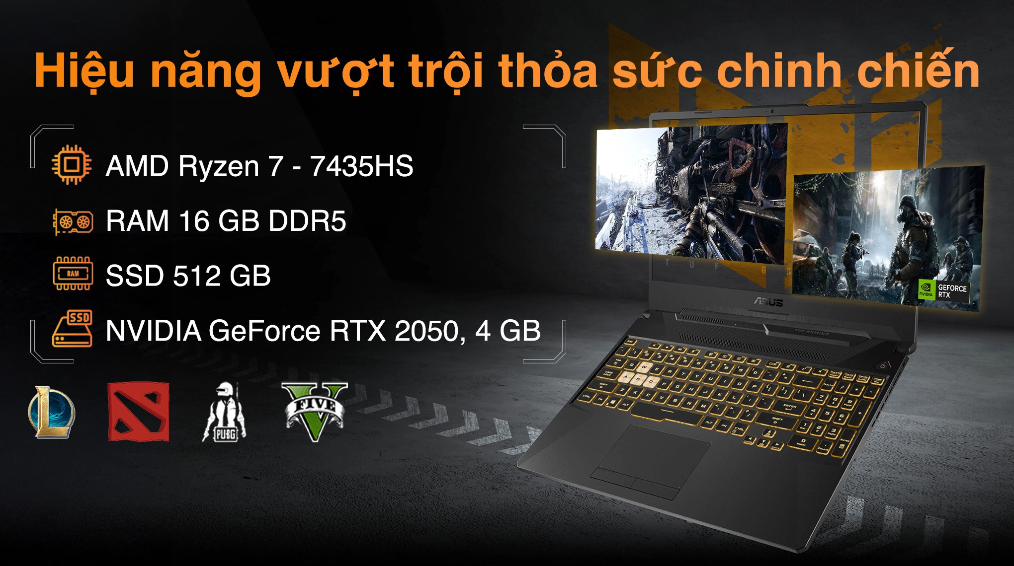 Laptop Asus TUF Gaming A15 FA506NFR - HN113W (R7 7435HS, 16GB, 512GB, RTX 2050 4GB, Full HD 144Hz, Win11)