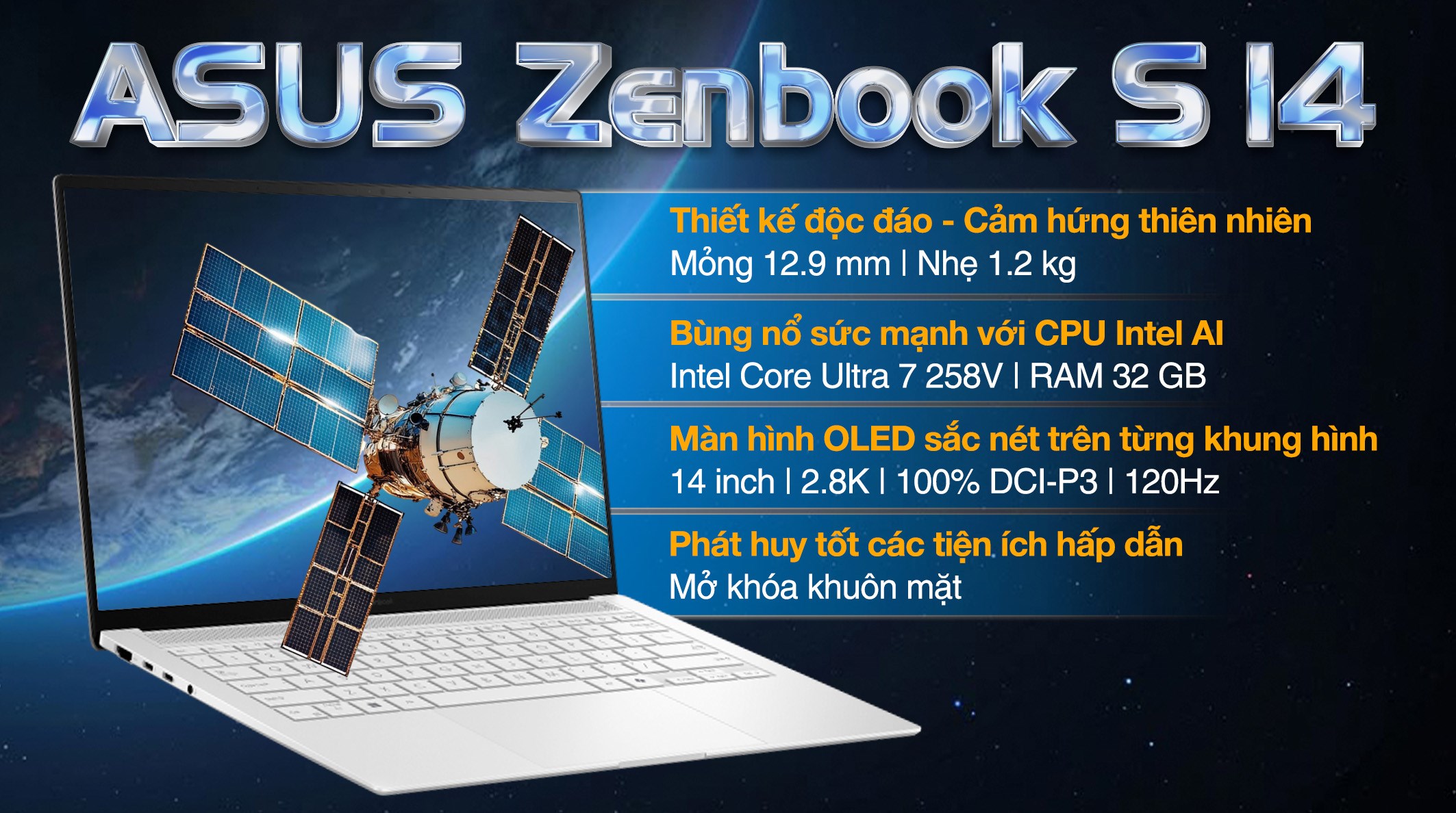 Laptop Asus Zenbook S 14 UX5406SA - PV140WS (Ultra 7 258V, 32GB, 1TB, 2.8K OLED 120Hz, OfficeHS, Win11)