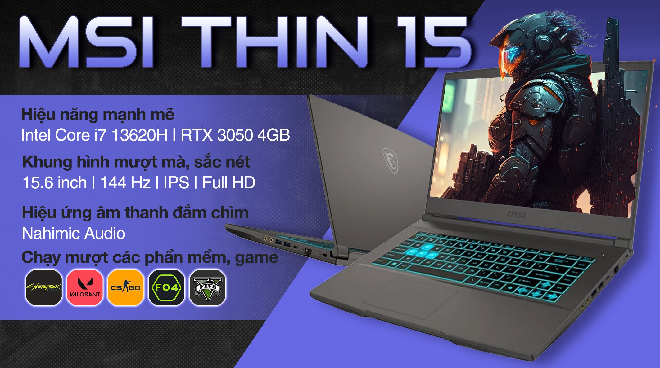 Laptop MSI Thin 15 B13UC i7 13620H/32GB/512GB/4GB RTX3050/144Hz/Balo/Win11 (1411VN)