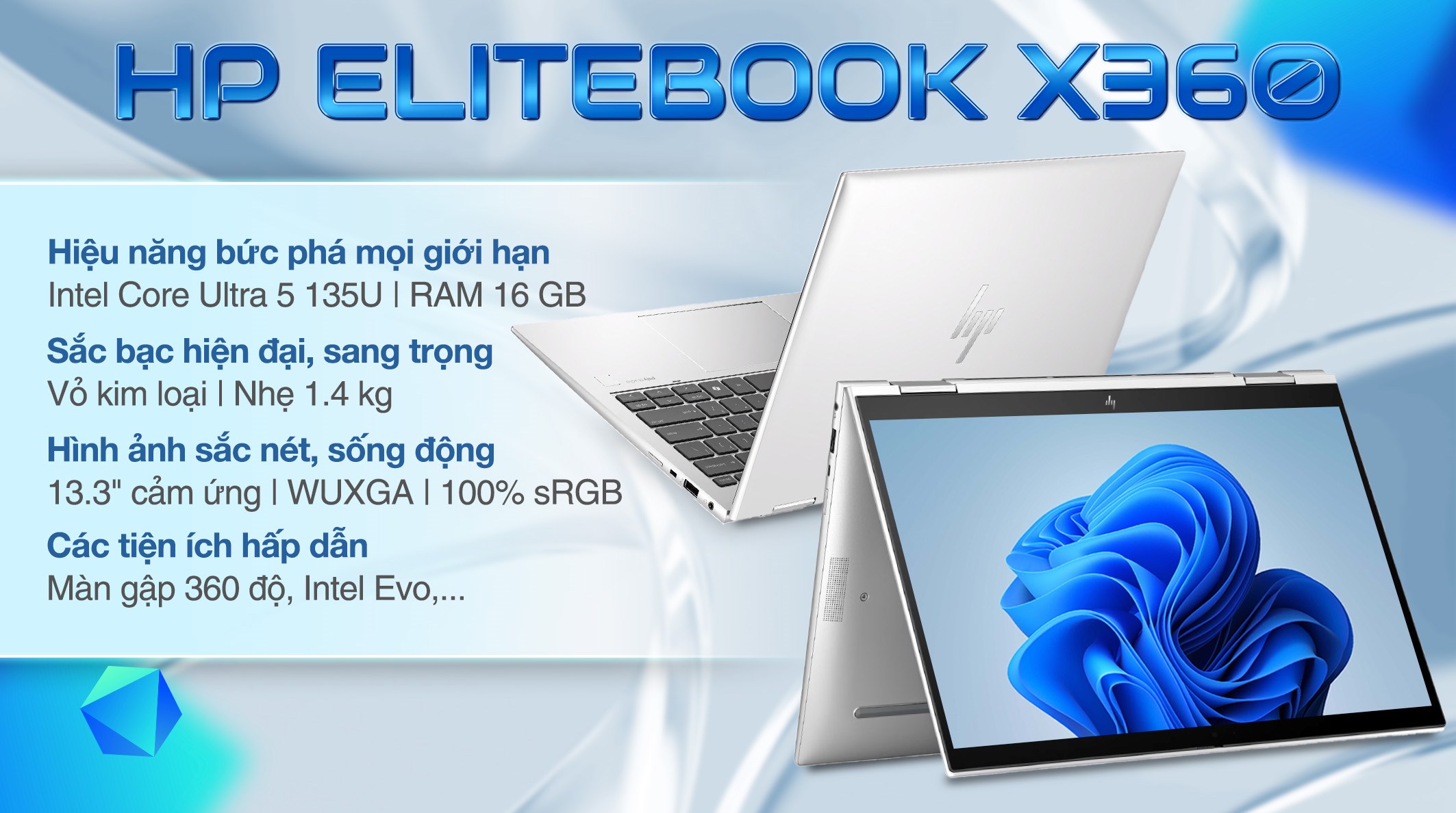 Laptop HP Elitebook X360 830 G11 - A7RB9PT (Ultra 5 135U, 16GB, 512GB, WUXGA, Cảm ứng, Win11 Pro)
