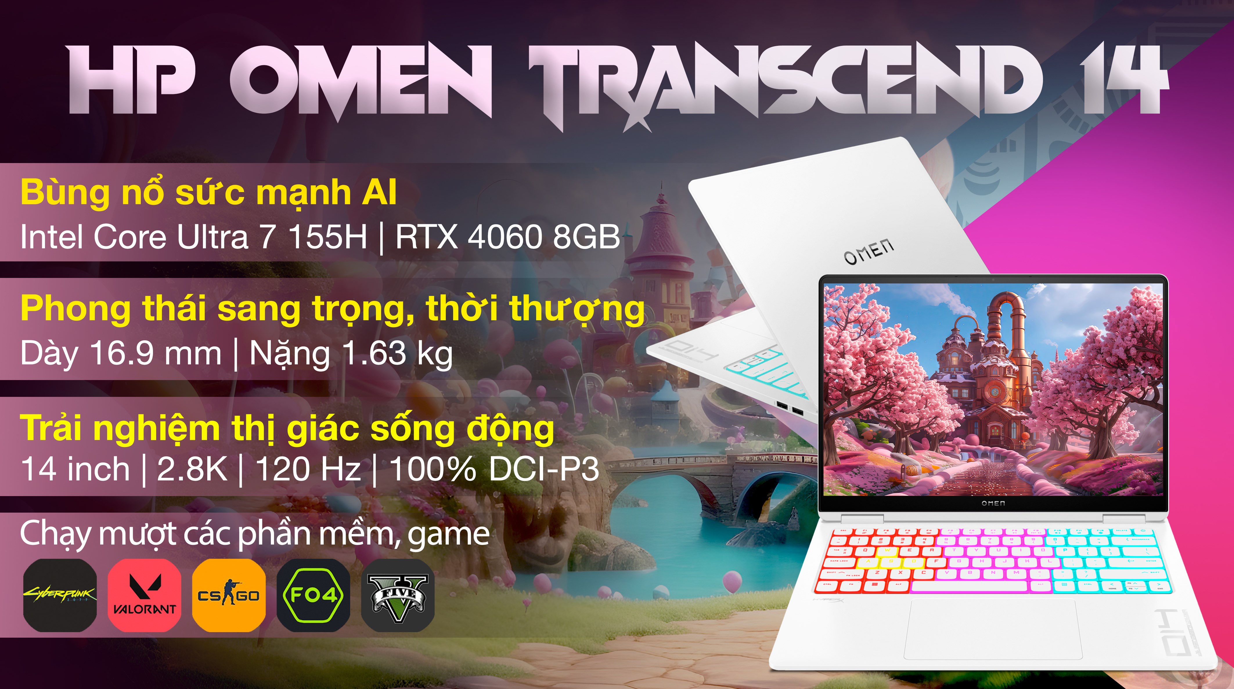 Laptop HP Gaming OMEN 14 fb0135TX - AY8V1PA (Ultra 7 155H, 16GB, 1TB, RTX 4060 8GB, 2.8K OLED 120Hz, Win11)