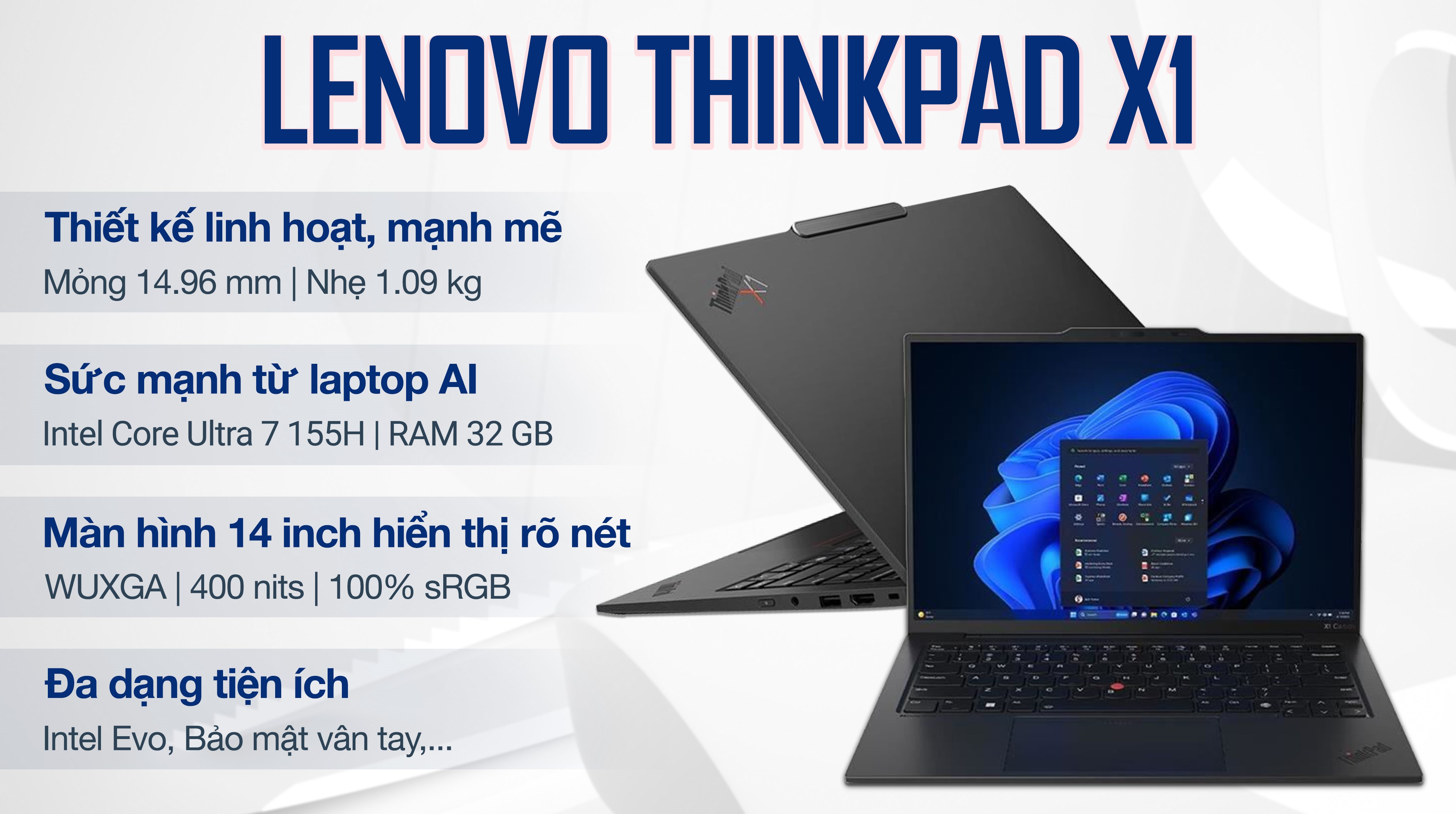 Laptop Lenovo ThinkPad X1 Carbon - 21KC008NVN (Ultra 7 155H, 32GB, 1TB, WUXGA, Win11 Pro)