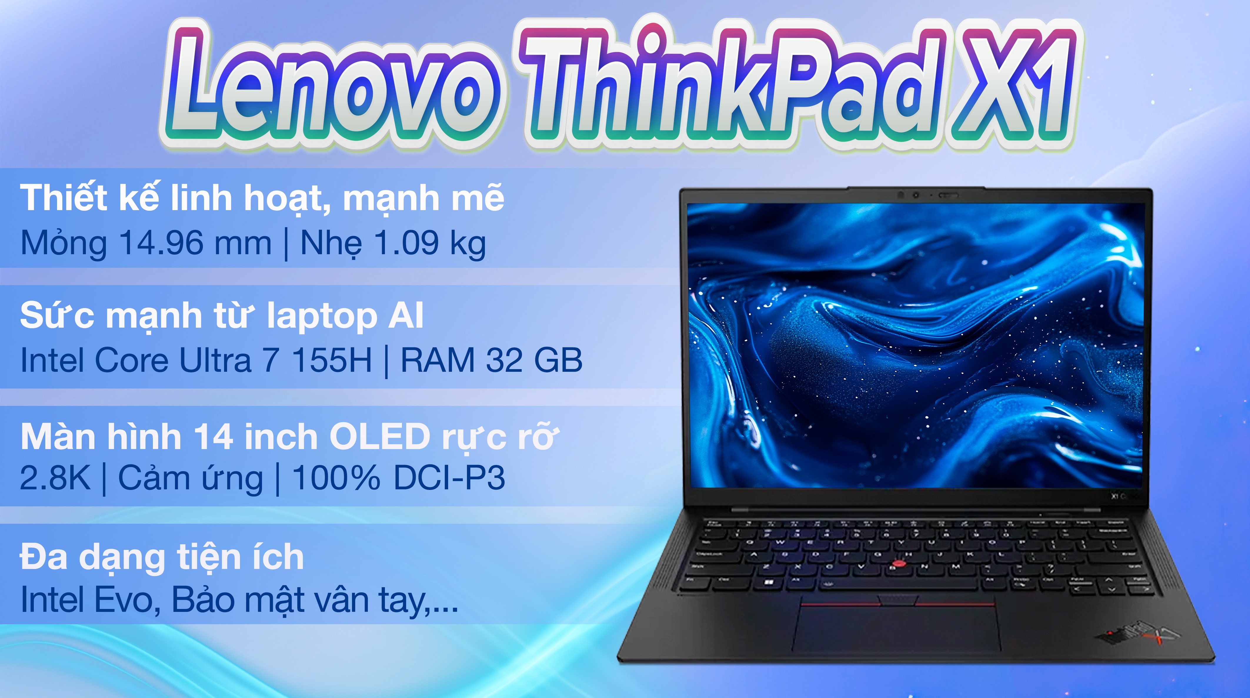 Laptop Lenovo ThinkPad X1 Carbon - 21KC008SVN (Ultra 7 155H, 32GB, 1TB, 2.8K OLED 120Hz, Cảm ứng, Win11 Pro)
