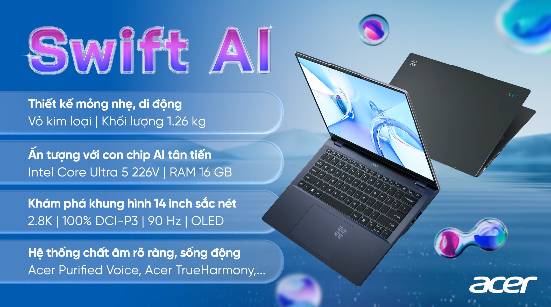 Laptop Acer Swift AI SF14 51 53P9 - NX.J2KSV.002 (Ultra 5 226V, 16GB, 1TB, 2.8K OLED 90Hz, Win11)
