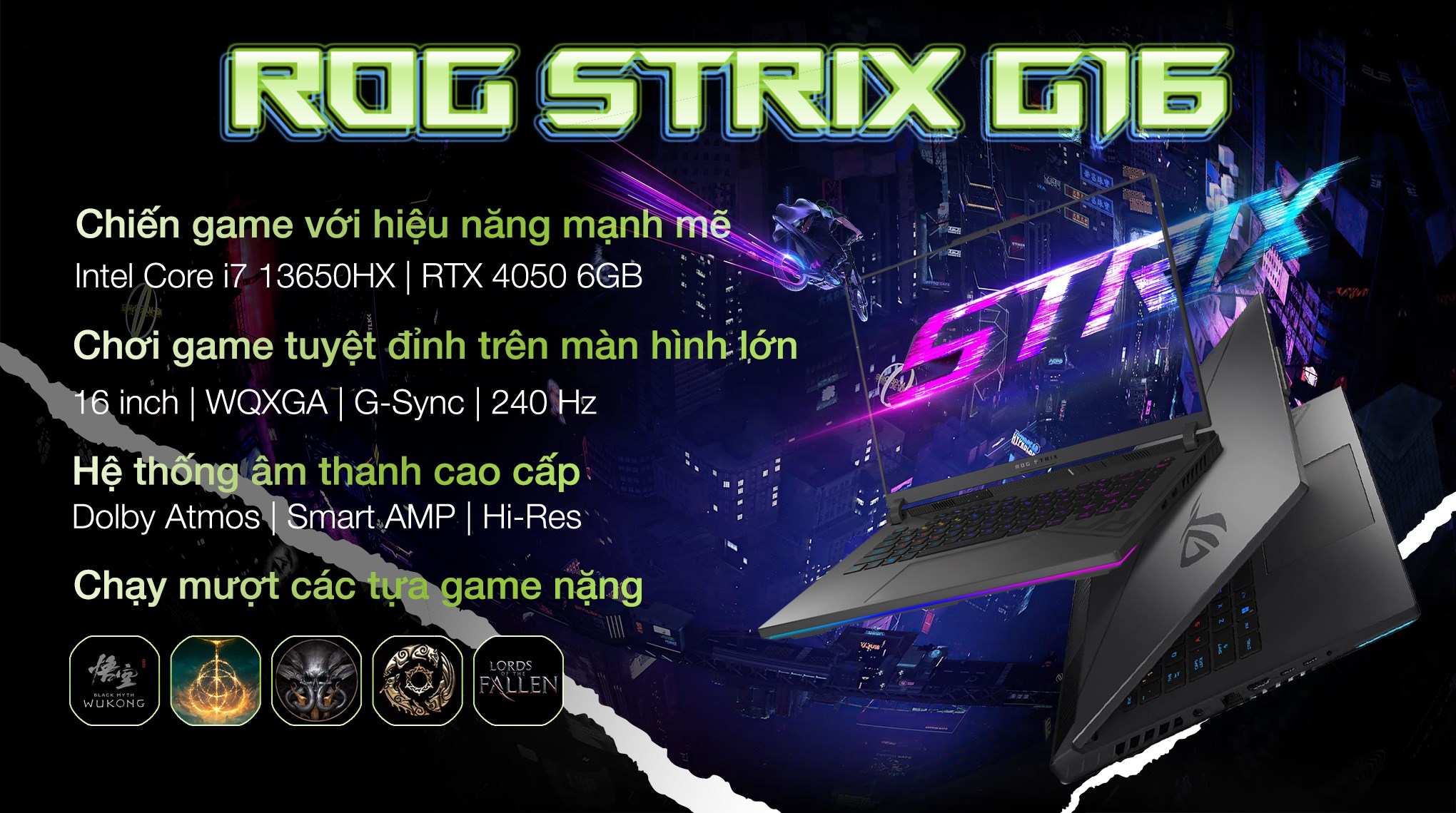 Laptop Asus Gaming ROG Strix G16 G614JU - N4132W (i7 13650HX, 16GB, 512GB, RTX 4050 6GB, WQXGA 240Hz, Win11)