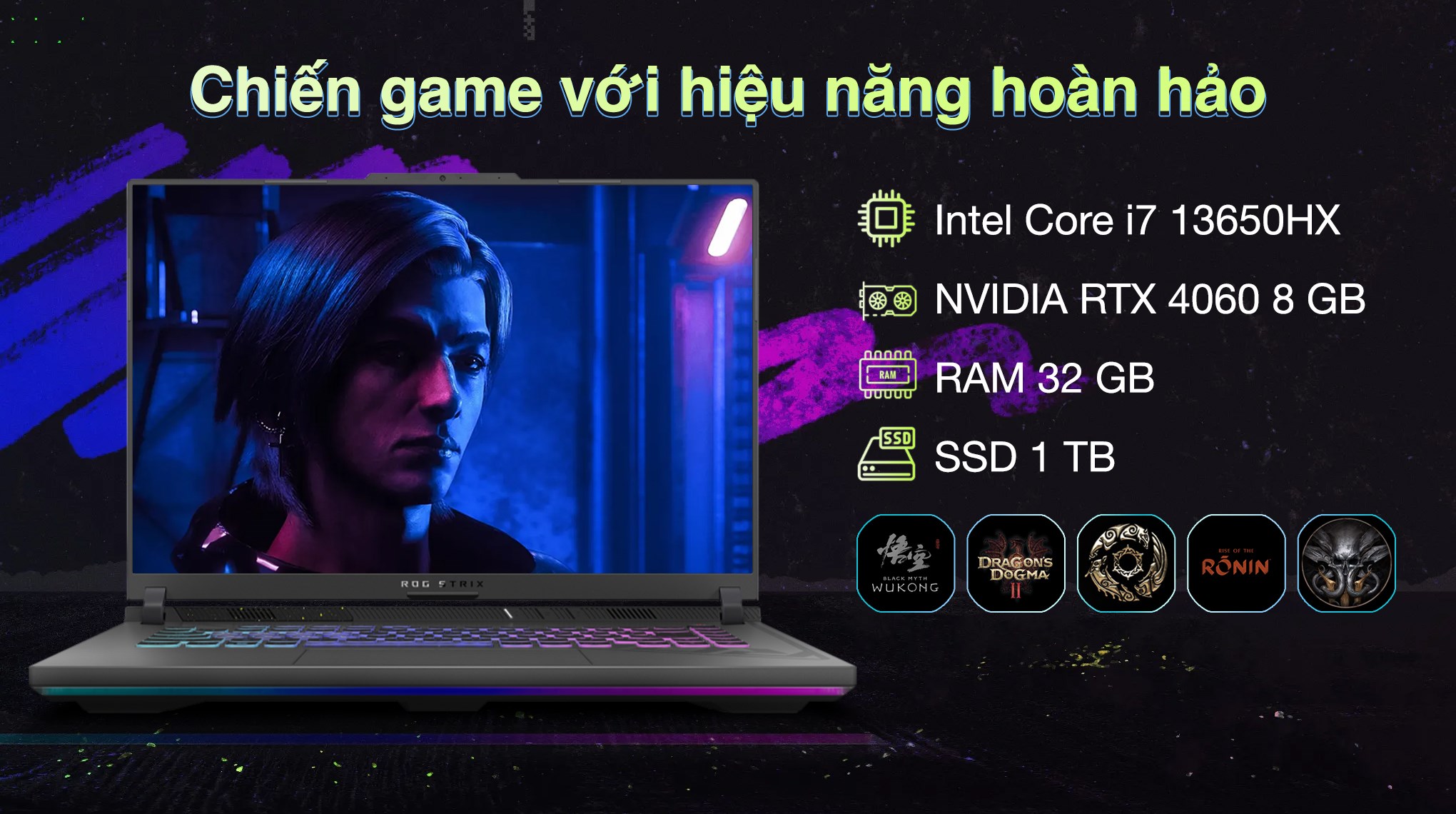 Laptop Asus Gaming ROG Strix G16 G614JV - N3515W (i7 13650HX, 32GB, 1TB, RTX 4060 8GB, Full HD+ 165Hz, Win11)