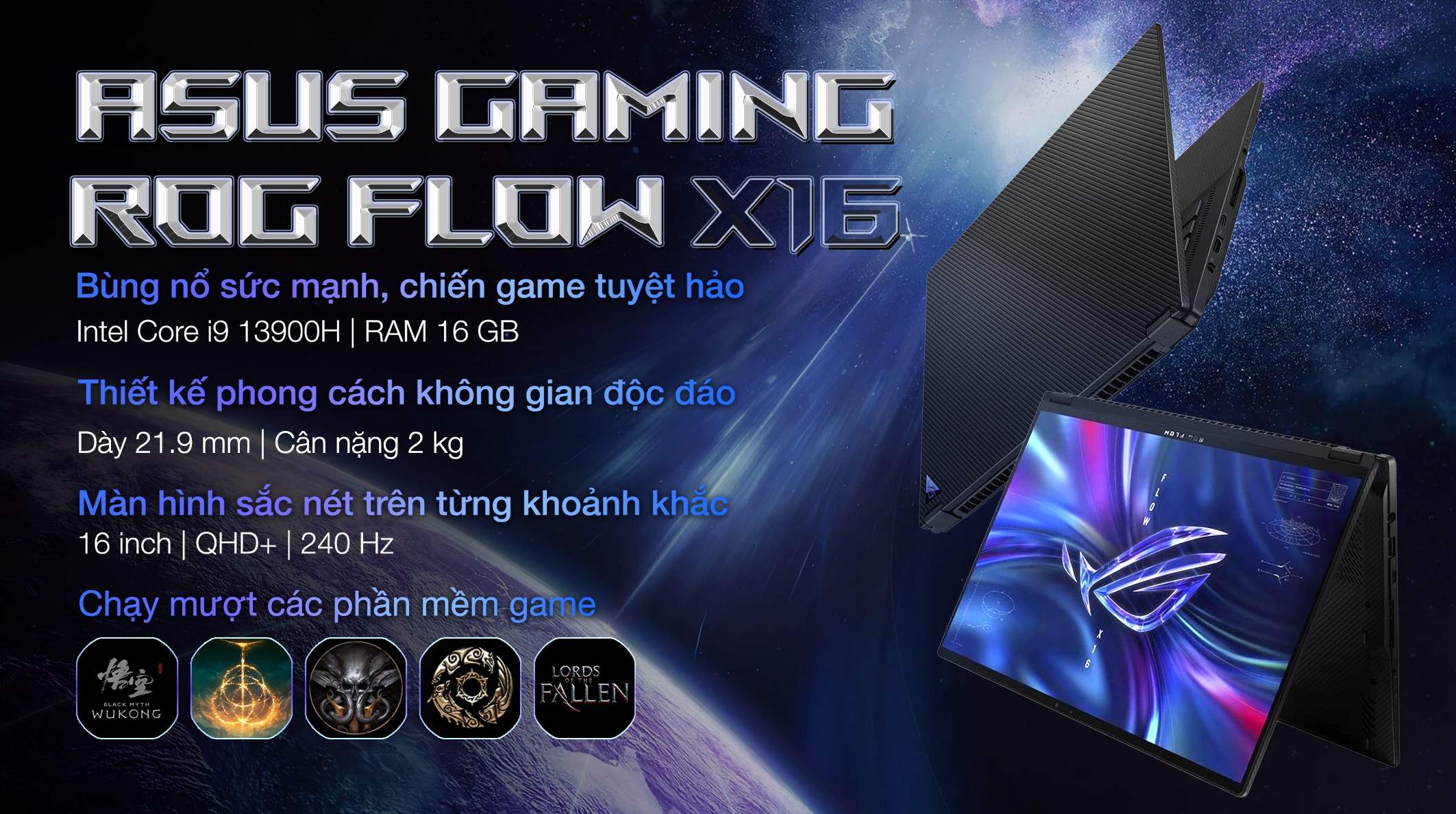 Laptop Asus Gaming ROG Flow X16 GV601VV - NF044W (i9 13900H, 16GB, 1TB, RTX 4060 8GB, WQXGA 240Hz, Cảm ứng, Win11)