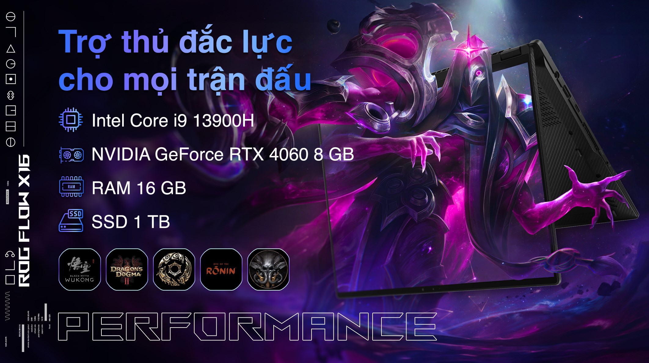 Laptop Asus Gaming ROG Flow X16 GV601VV - NF044W (i9 13900H, 16GB, 1TB, RTX 4060 8GB, WQXGA 240Hz, Cảm ứng, Win11)