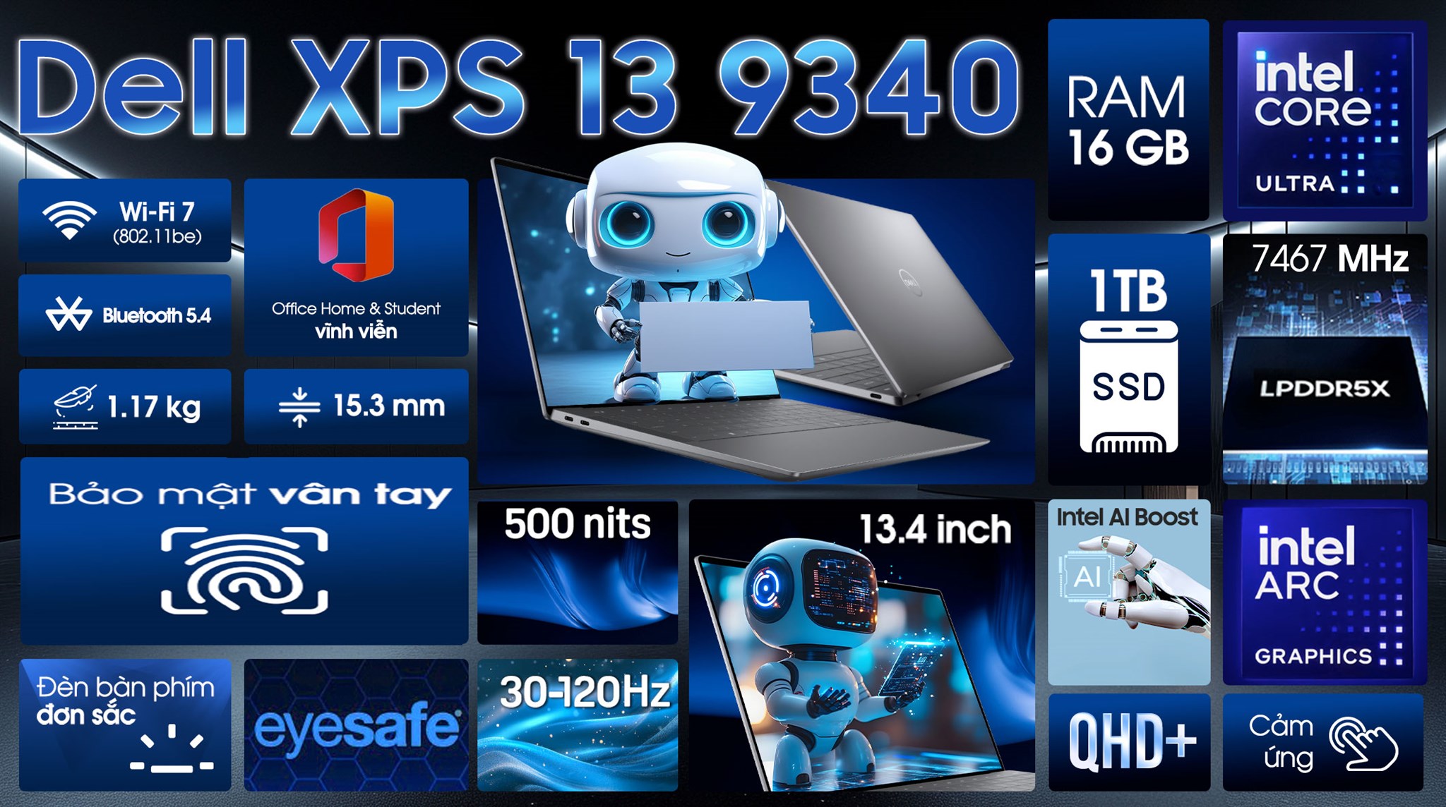 Laptop Dell XPS 13 9340 - HXRGT2 (Ultra 7 155H, 16GB, 1TB, QHD+, Cảm ứng, OfficeHS, Win11)