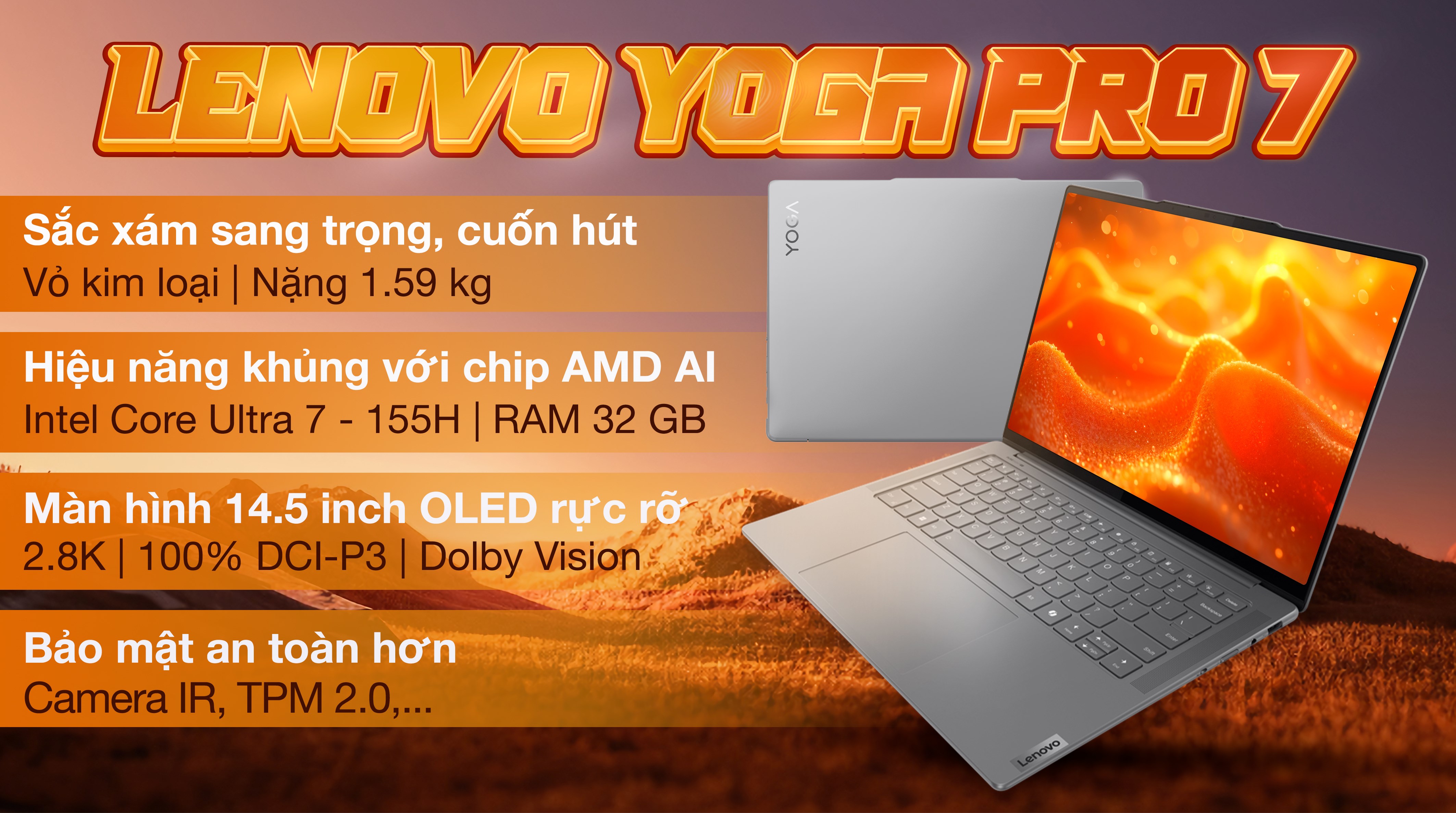 Laptop Lenovo Yoga Pro 7 14IMH9 - 83E2006MVN (Ultra 7 155H, 32GB, 1TB, RTX 4050 6GB, 2.8K OLED 120Hz, OfficeHS, Win11)