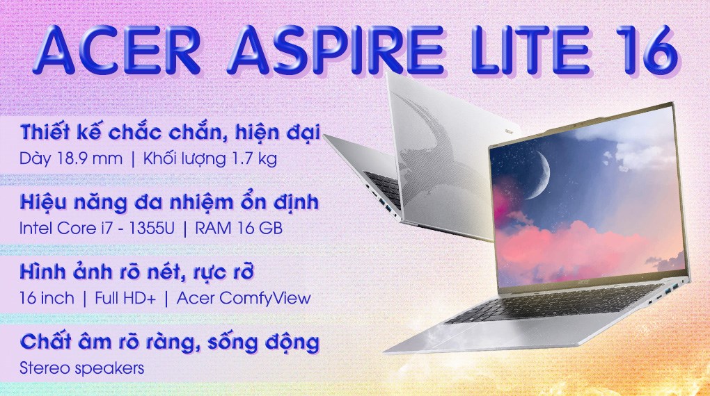 Laptop Acer Aspire Lite 16 G2 AL16 52P 76DU - NX.J2SSV.005 (i7 1355U, 16GB, 512GB, Full HD+, Win11)