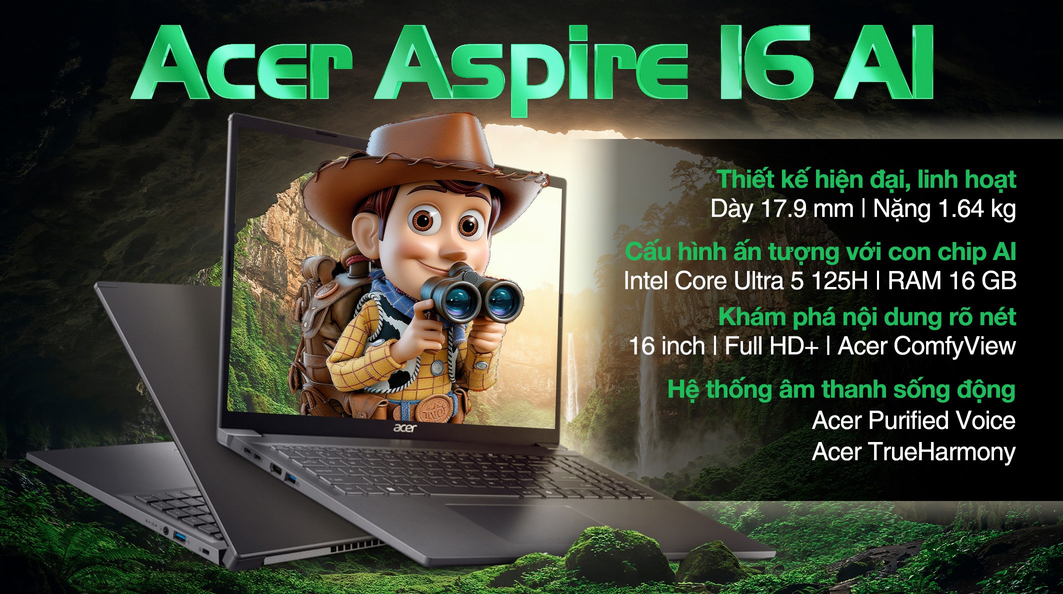 Laptop Acer Aspire 16 AI A16 71M 59L5 - NX.J4YSV.001 (Ultra 5 125H, 16GB, 512GB, Full HD+, Win11)