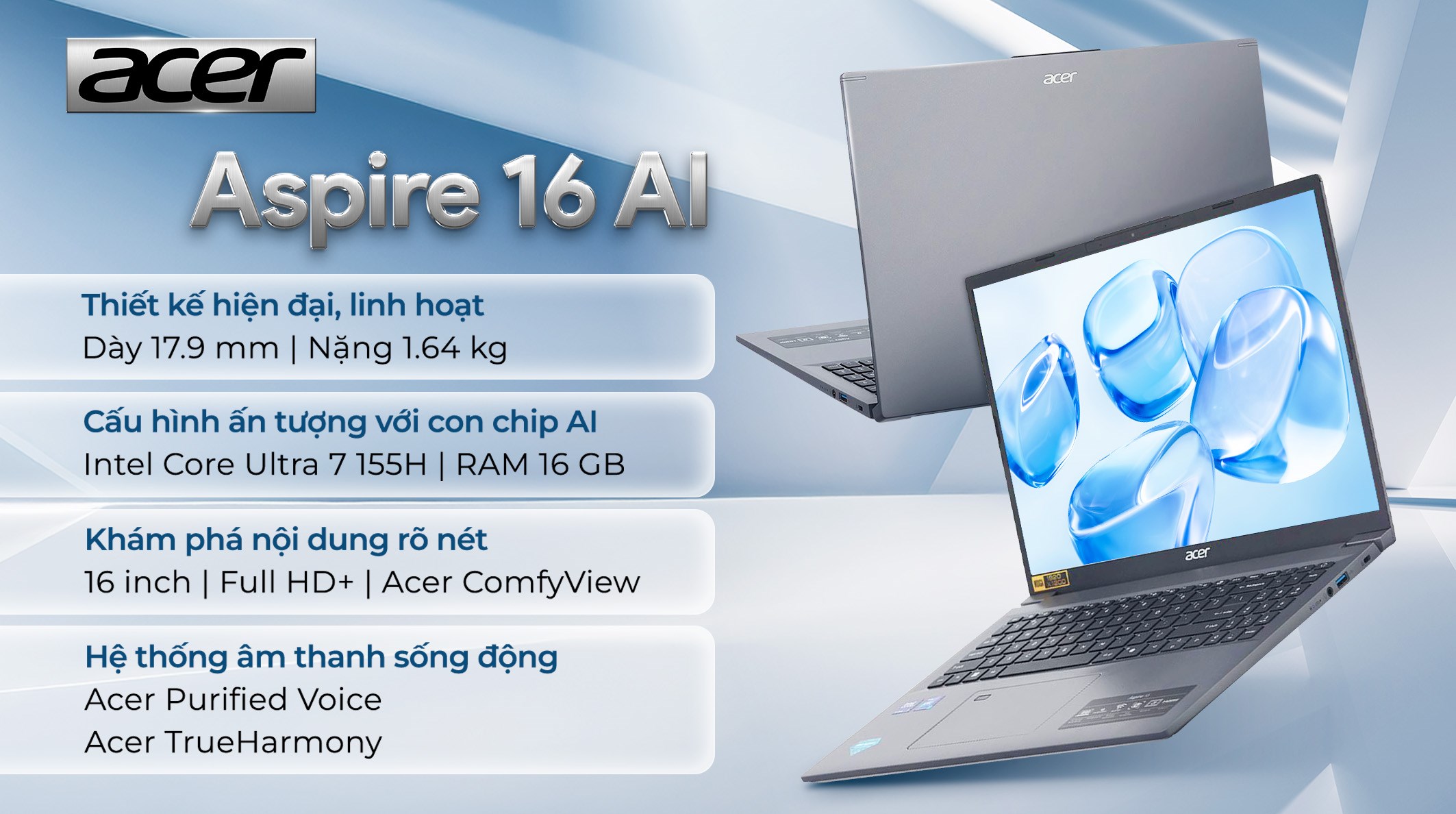 Laptop Acer Aspire 16 AI A16 71M 71U7 - NX.J4YSV.002 (Ultra 7 155H, 16GB, 512GB, Full HD+, Win11)