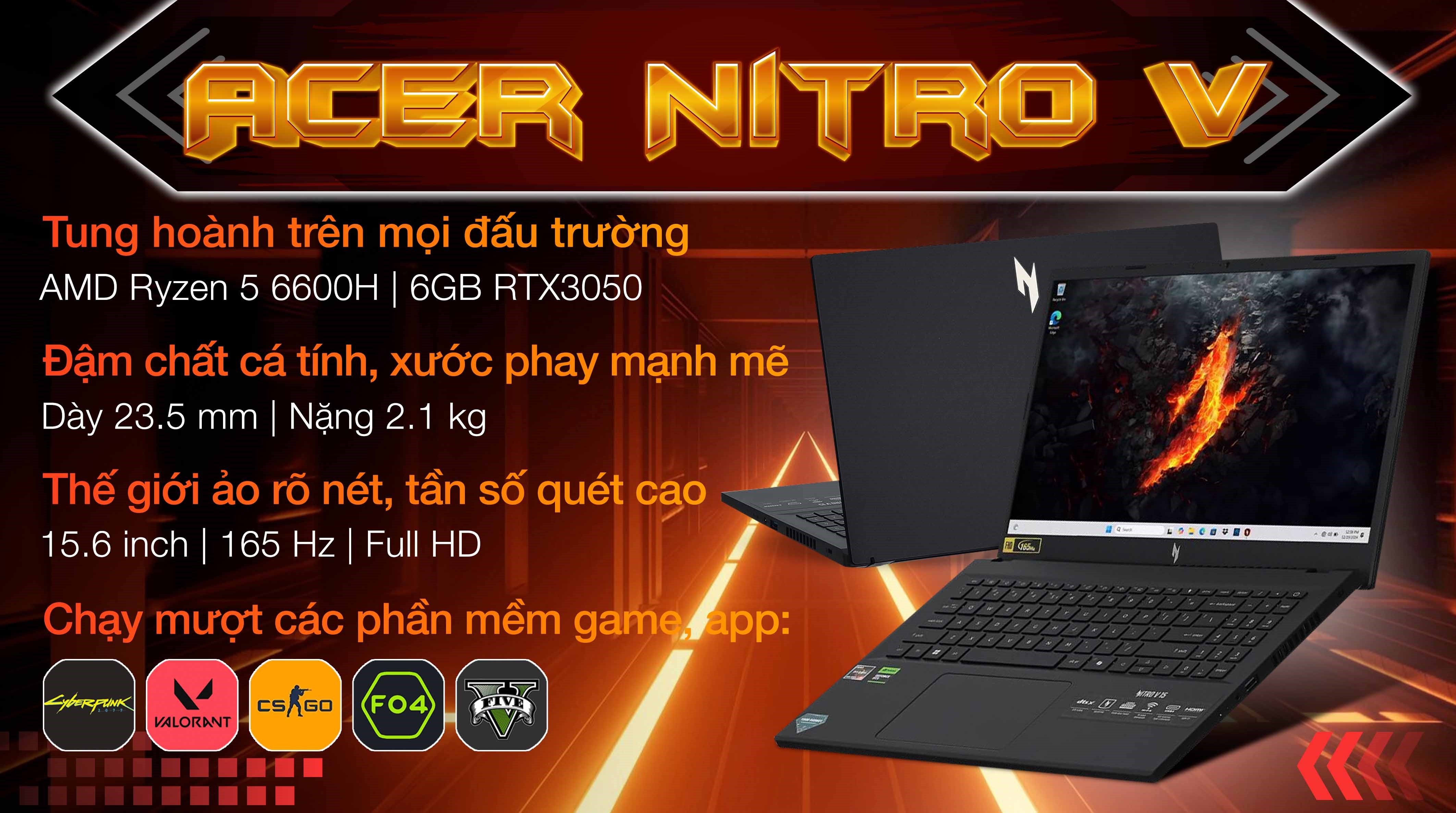 Laptop Acer Gaming Nitro V 15 ANV15 41 R1JY - NH.QPFSV.001 (R5 6600H, 16GB, 512GB, RTX 3050 6GB, Full HD 165Hz, Win11)