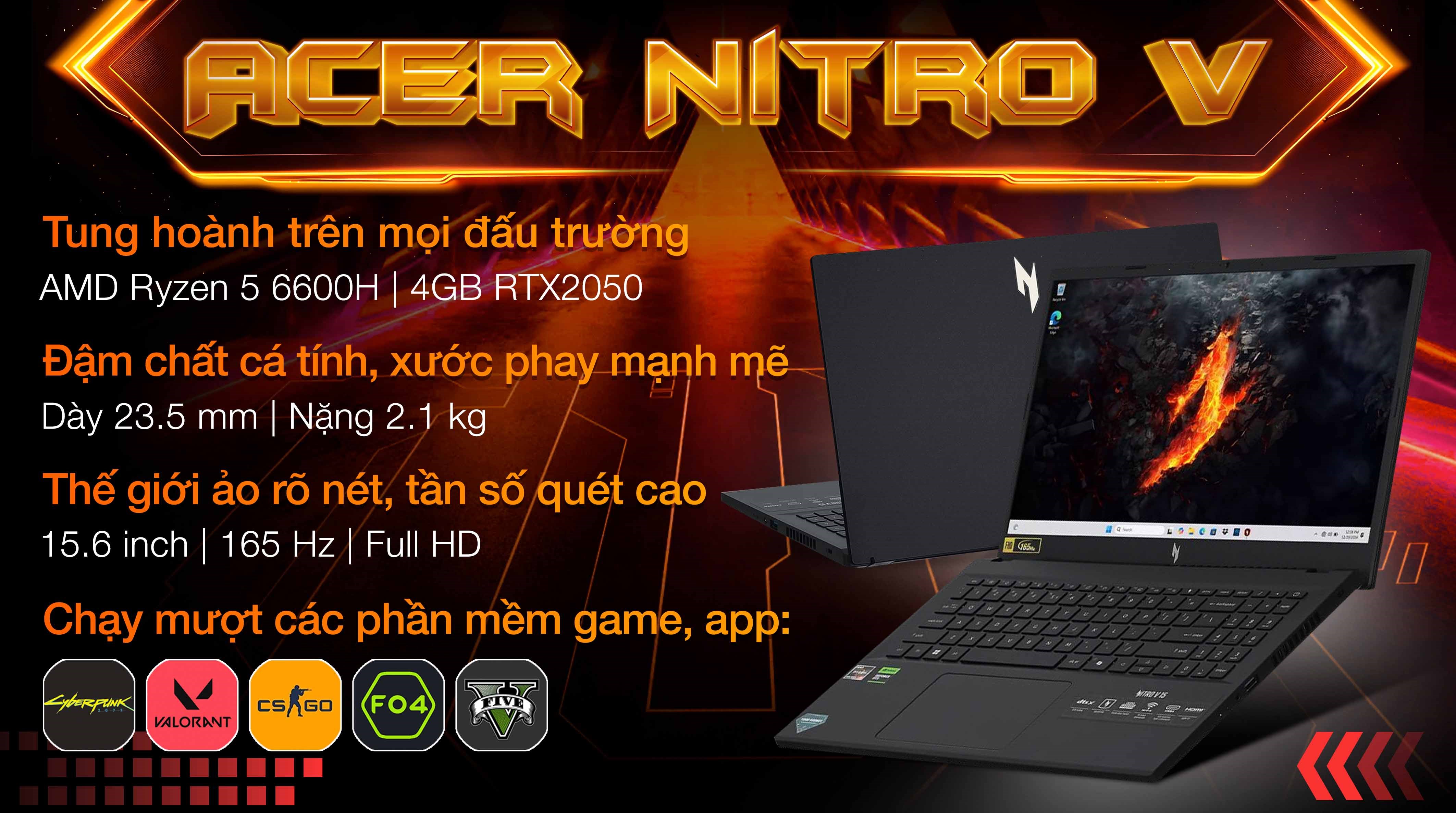 Laptop Acer Nitro V 15 ANV15 41 R2UP R5 6600H/16GB/512GB/4GB RTX2050/165Hz/Win11 (NH.QPGSV.004)