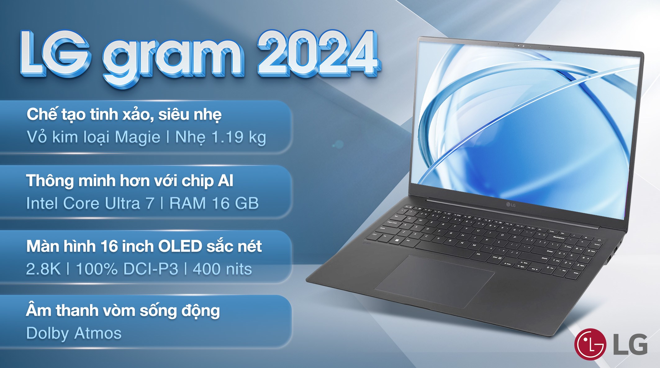 Laptop LG Gram 16Z90SP - 16Z90SP-K.AH78A5 (Ultra 7 155H, 16GB, 512GB, 2.8K OLED, Win11)